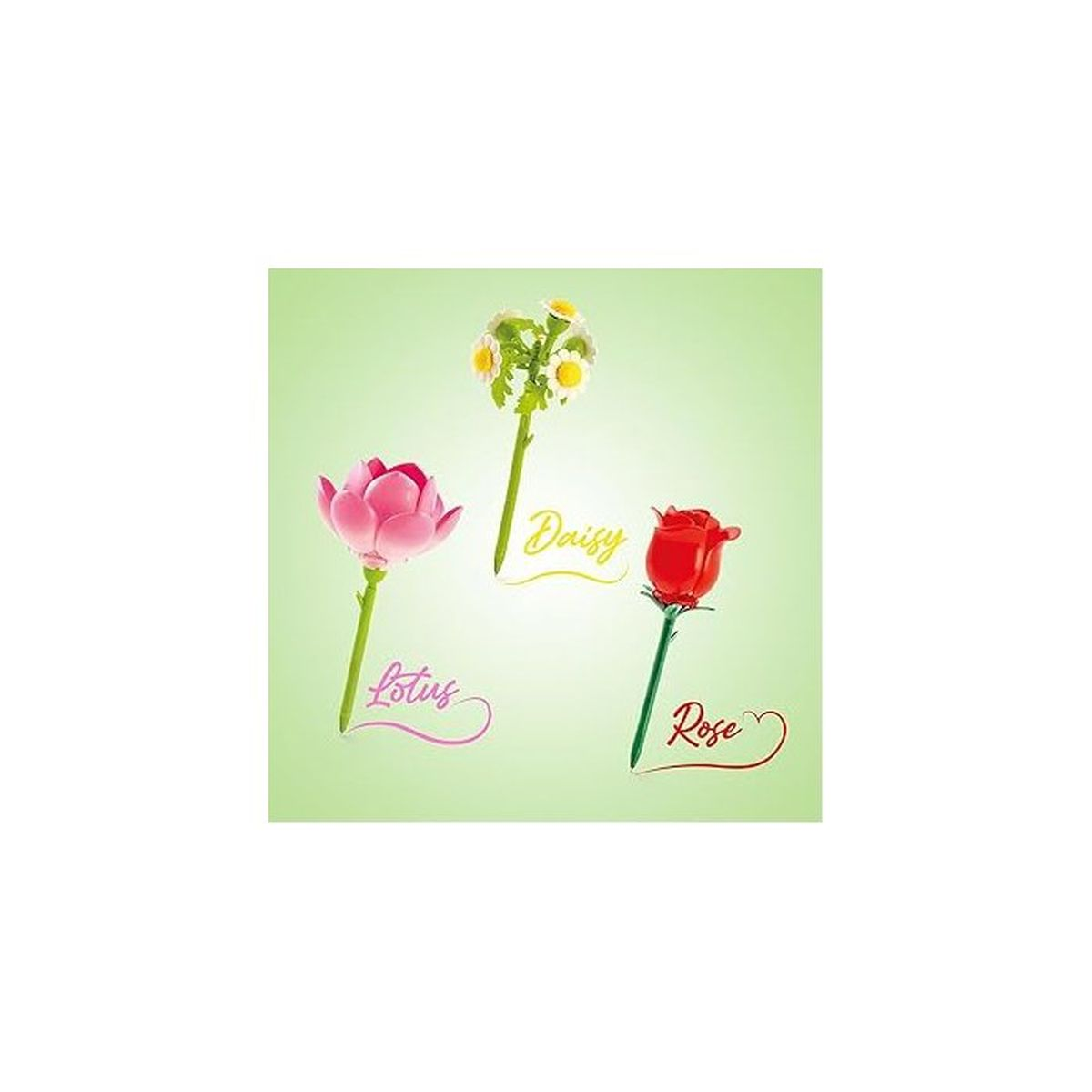 Drei Stifte in Blumenform: eine rosa Lotus, eine Gänseblümchen und eine rote Rose.