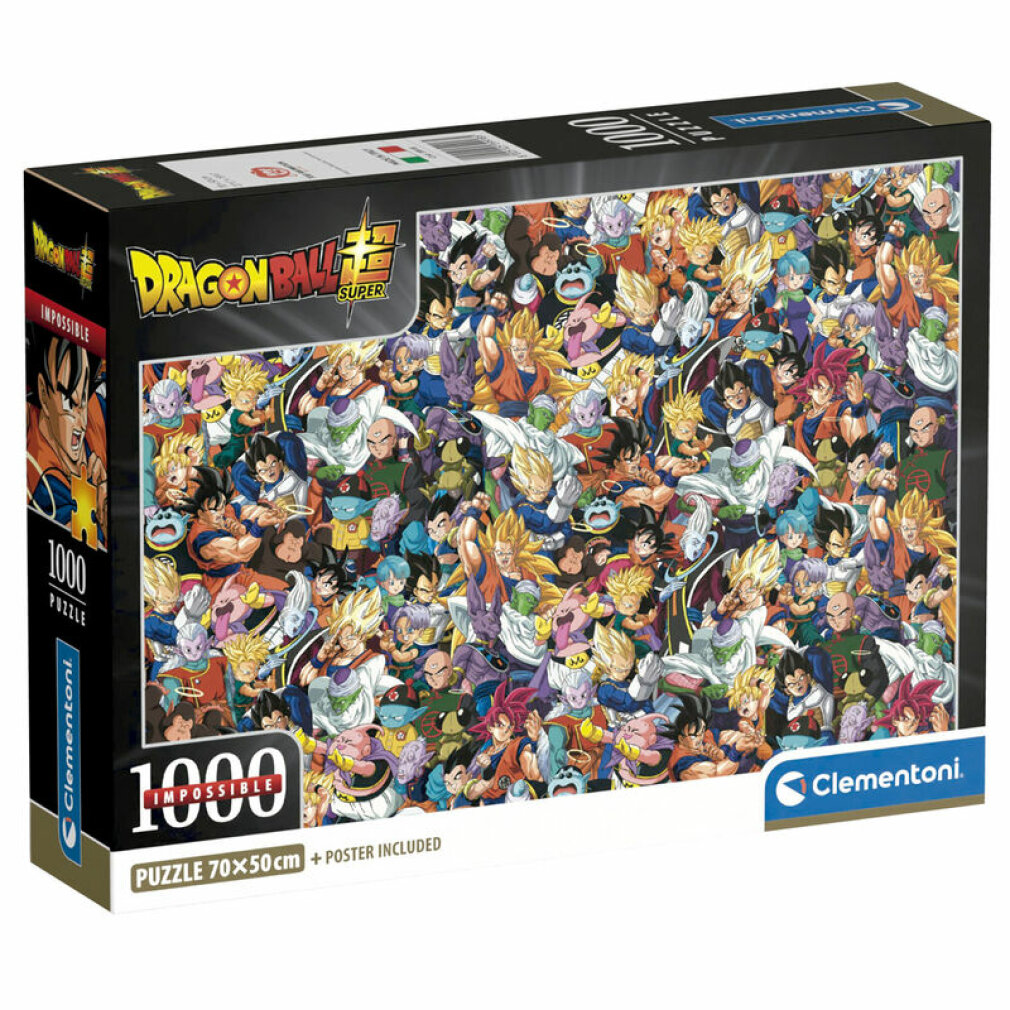Dragon Ball Super 1000-Teile-Puzzle-Box mit vielen Charakteren. Clementoni-Logo.