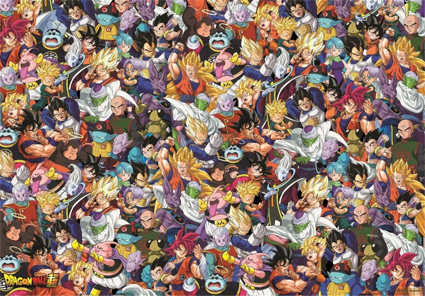 Eine bunte Collage aus Dragon Ball Z Charakteren, dicht gedrängt.