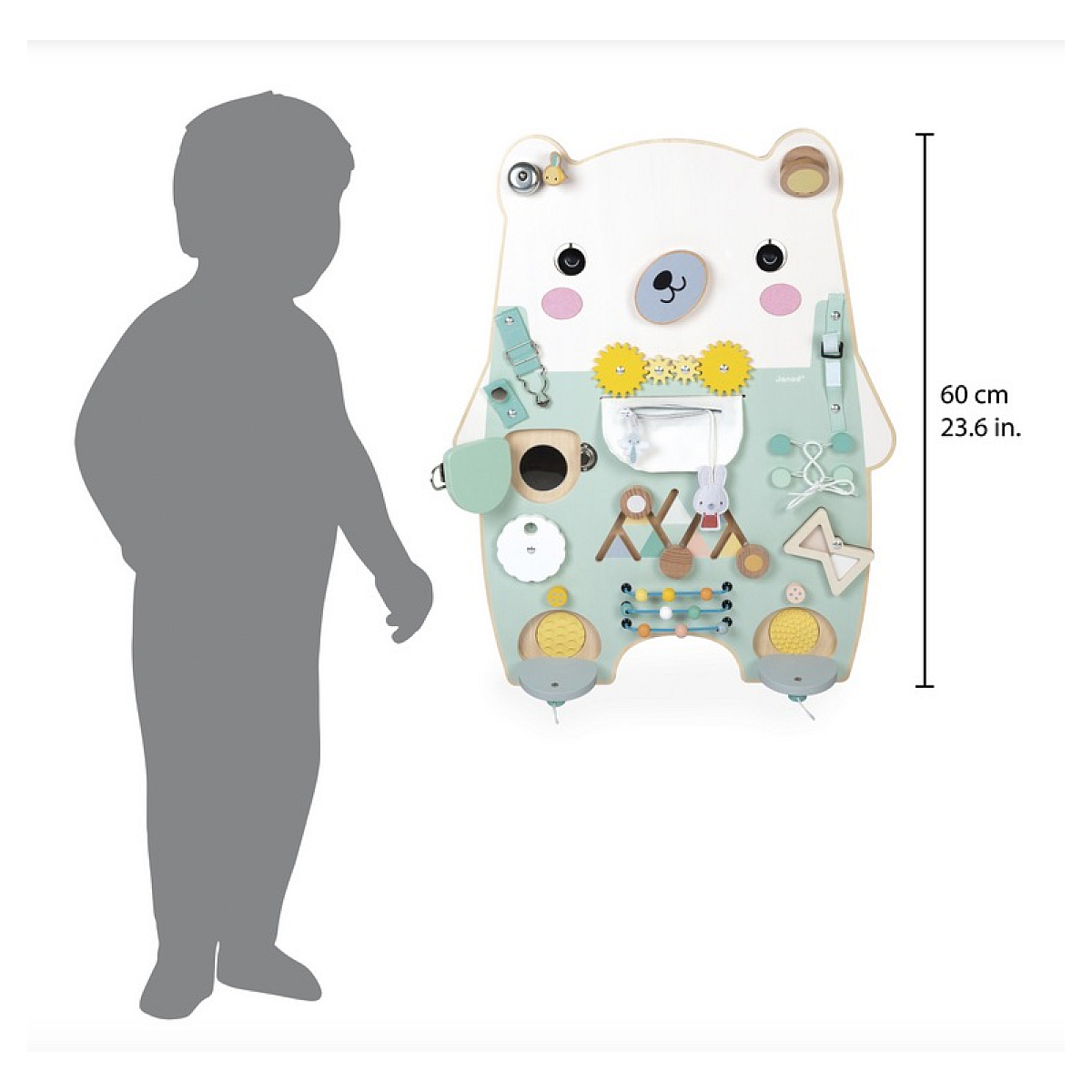 Una silhouette di bambino accanto a un grande pannello attività orso in legno bianco con vari elementi interattivi.