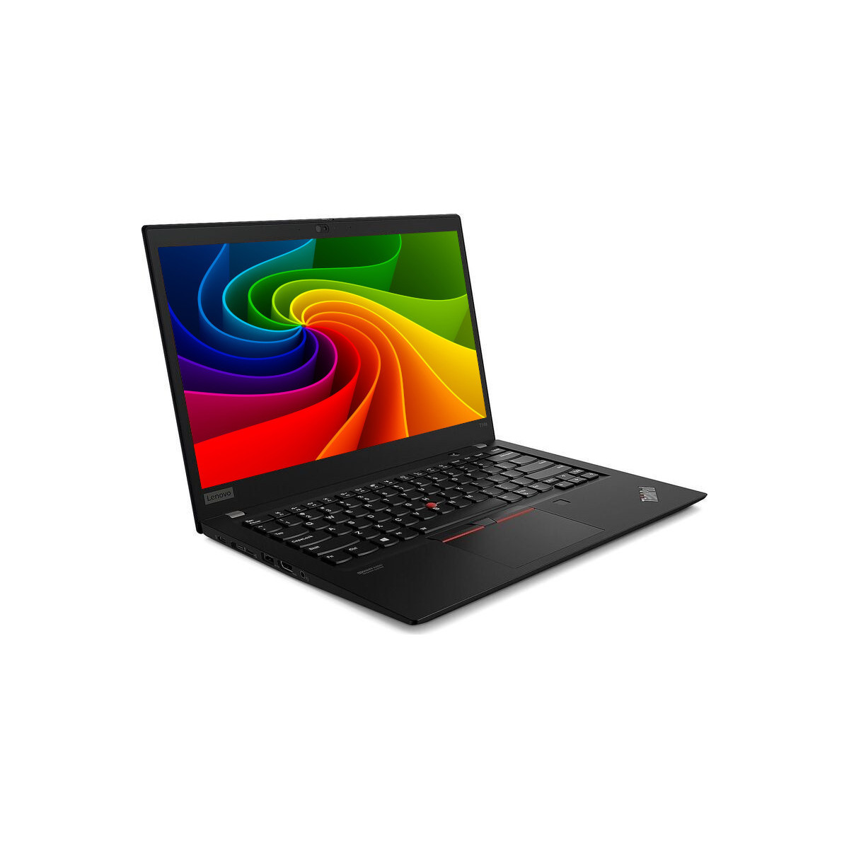 Ein schwarzer Lenovo Laptop mit einem bunten Wirbelmuster auf dem Bildschirm.