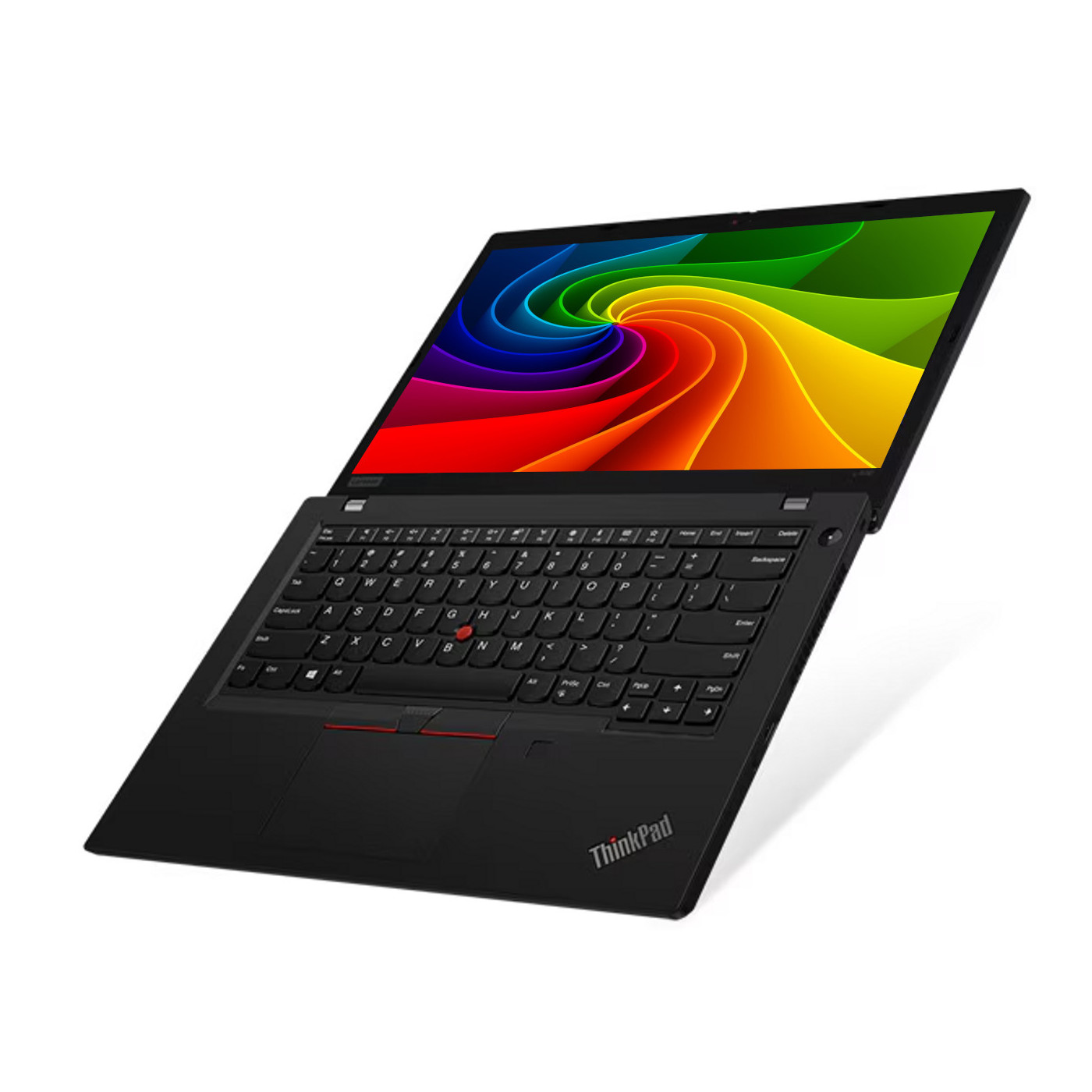 Ein schwarzer Laptop mit einem bunten Wirbel-Hintergrund auf dem Bildschirm.
