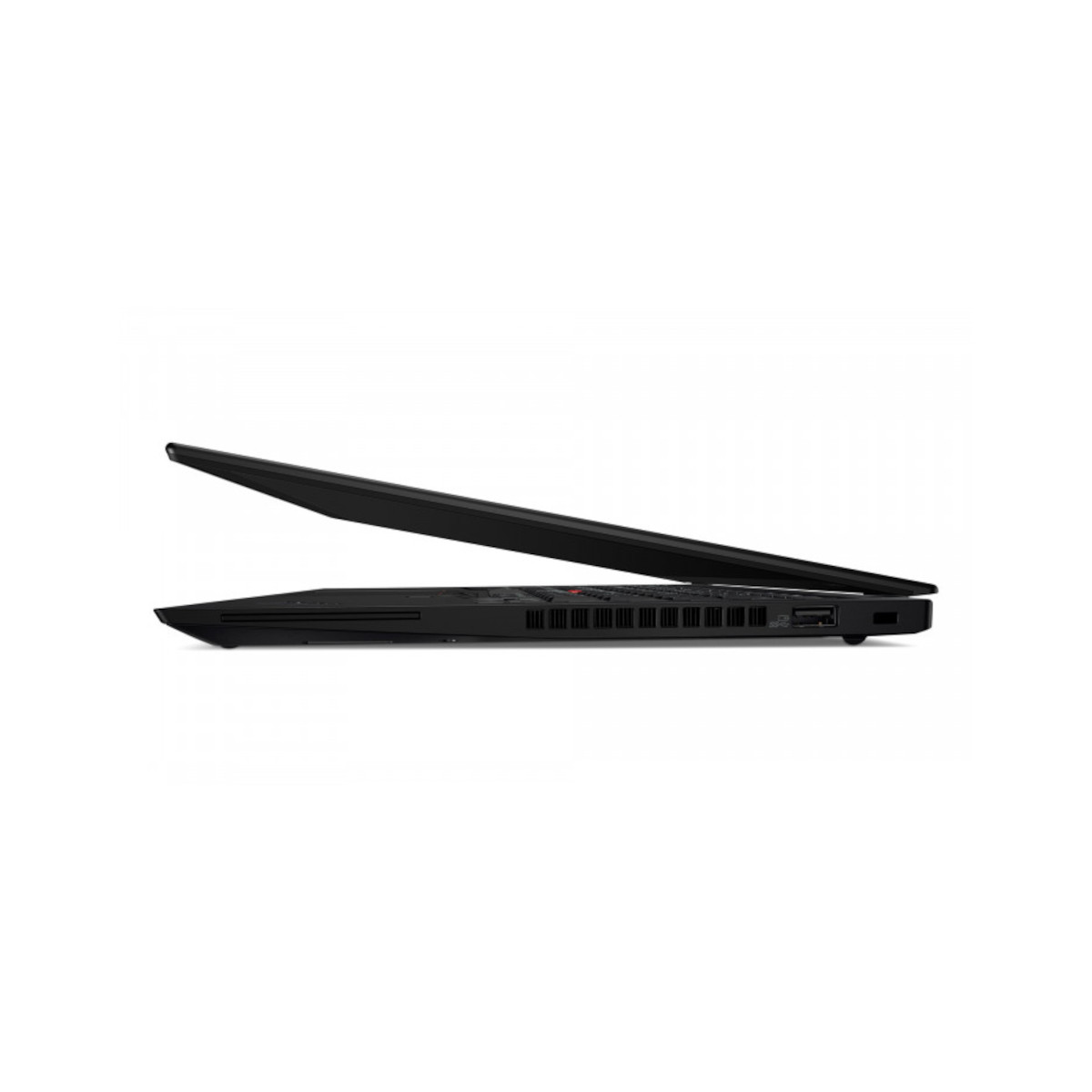 Schwarzer Laptop im Seitenprofil, mit geöffnetem Bildschirm, auf weißem Hintergrund.