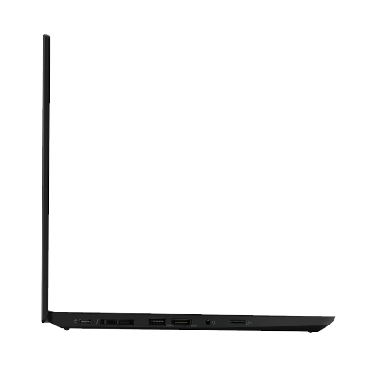 Seite eines schlanken schwarzen Laptops mit vielen Anschlüssen auf der rechten Seite.