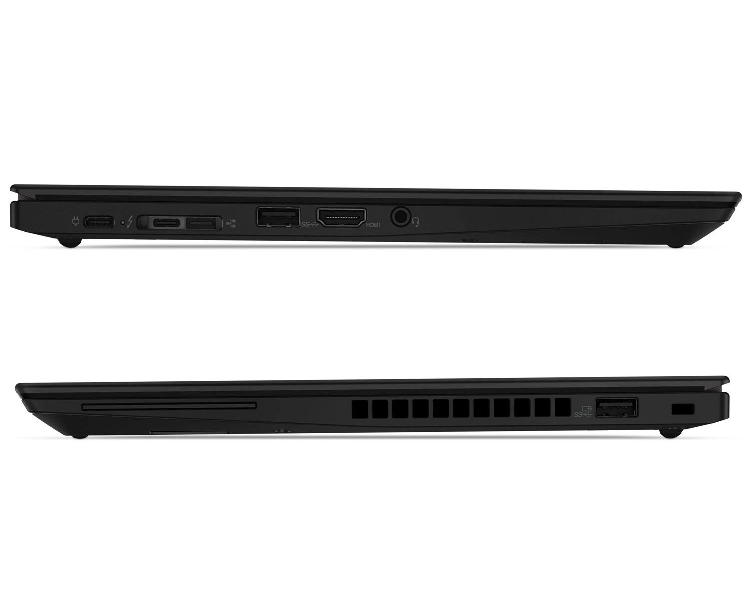 Seitenansicht eines schwarzen Laptops mit Anschlüssen wie USB-C, HDMI und SD-Kartenleser.