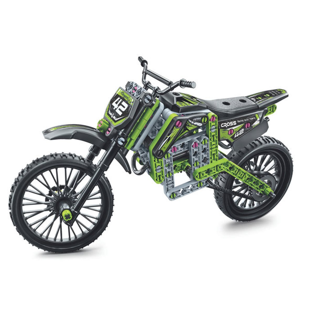 Una moto giocattolo verde e nera con il numero 42 sul parafango anteriore.