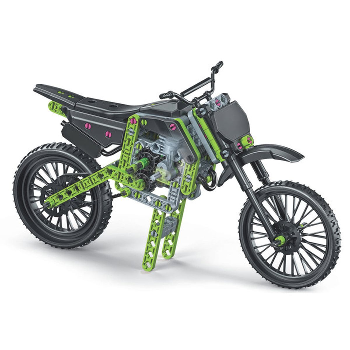 Una moto giocattolo nera e verde con motore visibile.
