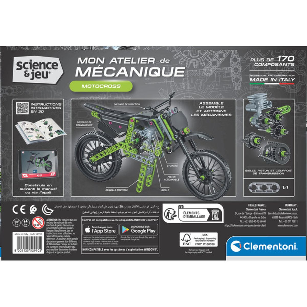 Confezione di un kit officina meccanica Motocross Science & Jeu, con una moto verde.