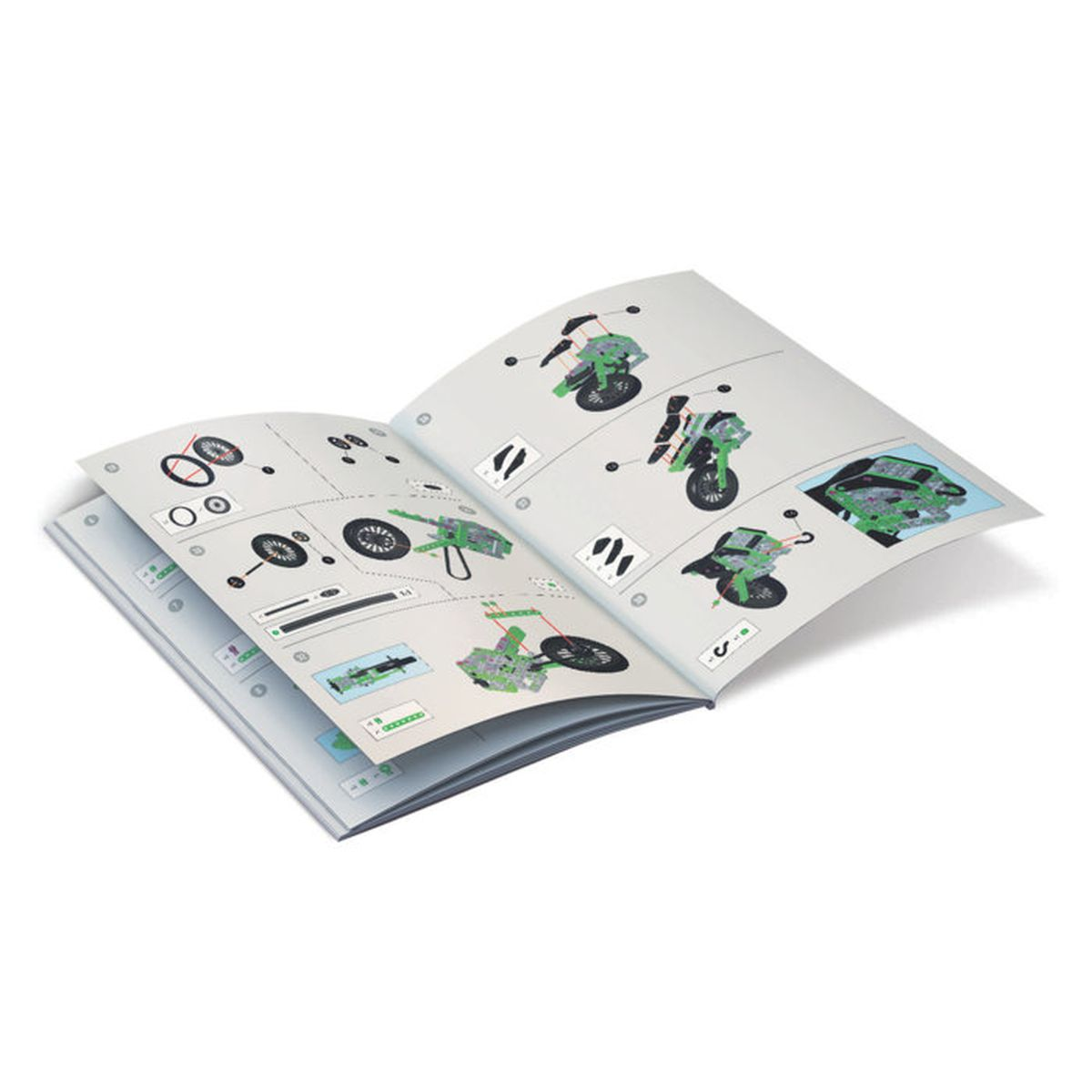 Istruzioni di montaggio per un modello di moto verde con passaggi dettagliati.