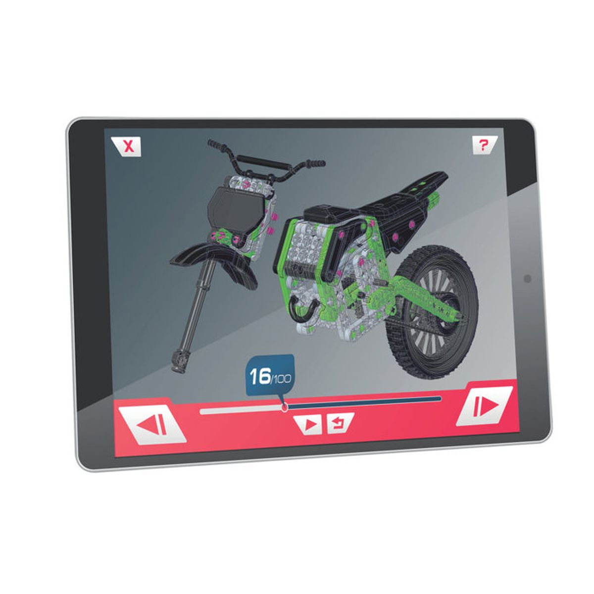 Un tablet mostra le istruzioni per costruire una moto verde.