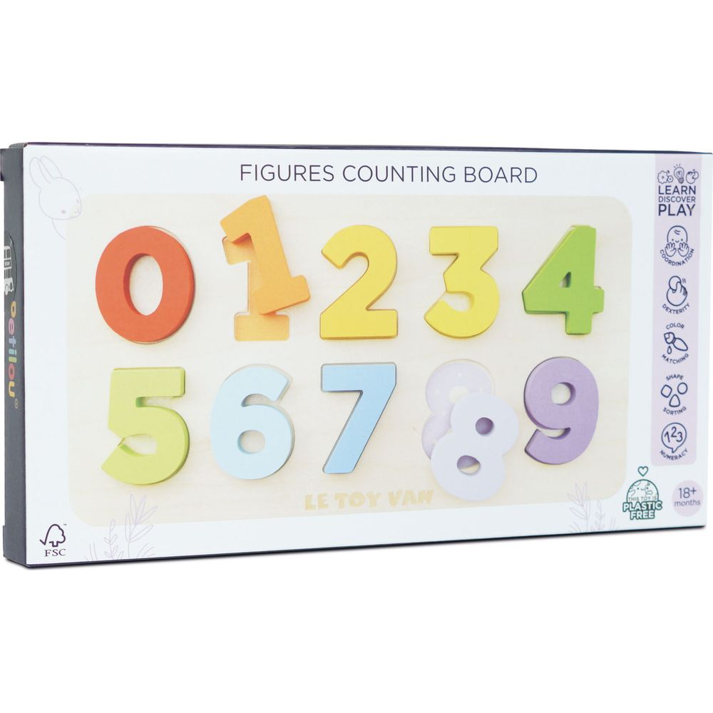 Un tabellone in legno con numeri colorati da 0 a 9 per imparare a contare.