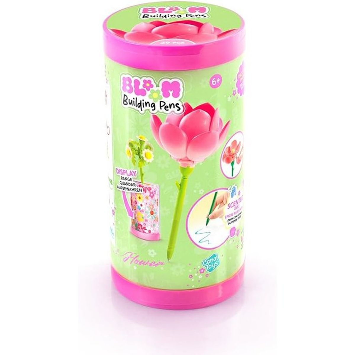 Eine grüne Dose mit rosa Deckel, die "Bloom Building Pens" und eine Blume zeigt.