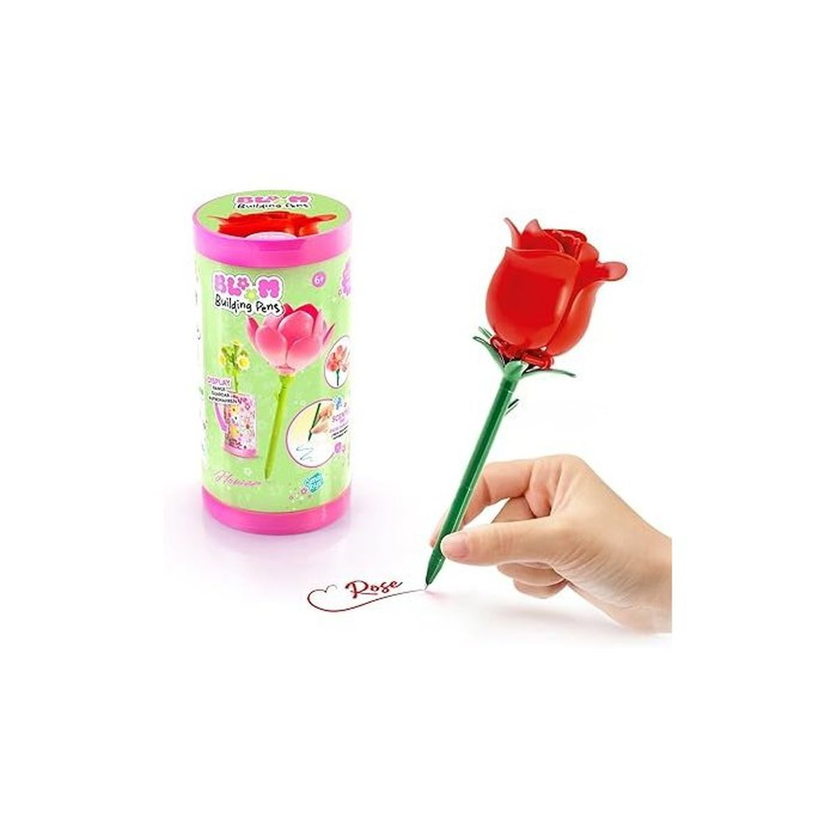 Eine Hand hält einen roten Rosenstift, der auf Papier schreibt. Daneben steht eine grüne Dose.