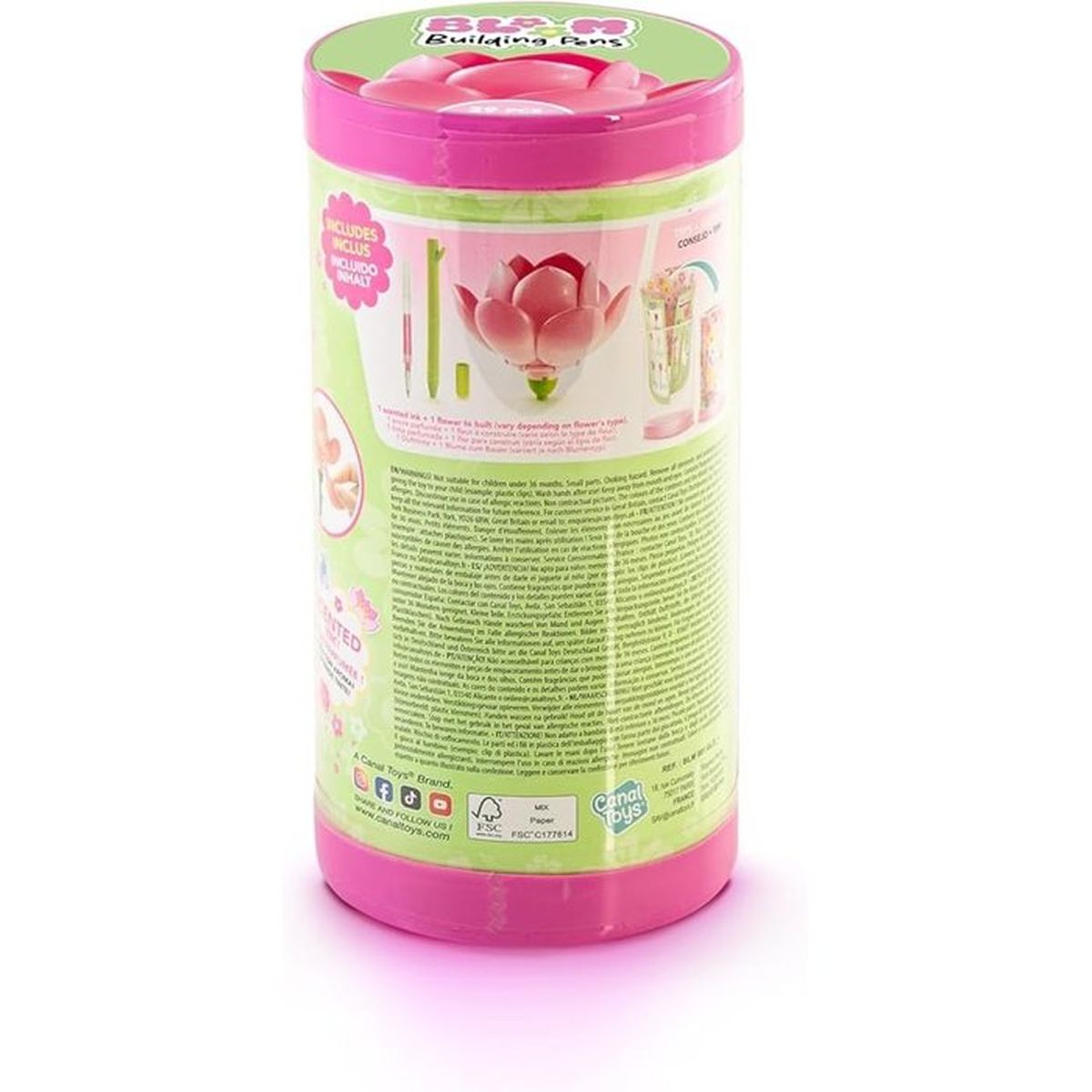 Eine pinke und grüne Röhre mit einem Modell einer rosa Blüte und Stiften.