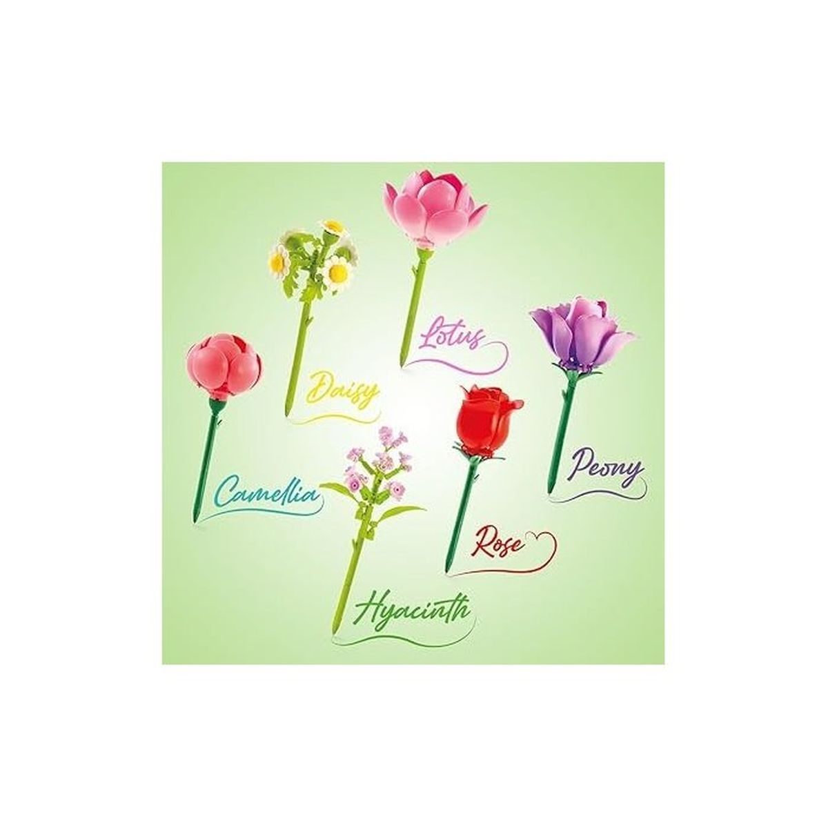 Sechs Stifte in Form von Blumen: Camellia, Gänseblümchen, Hyazinthe, Lotus, Pfingstrose, Rose.