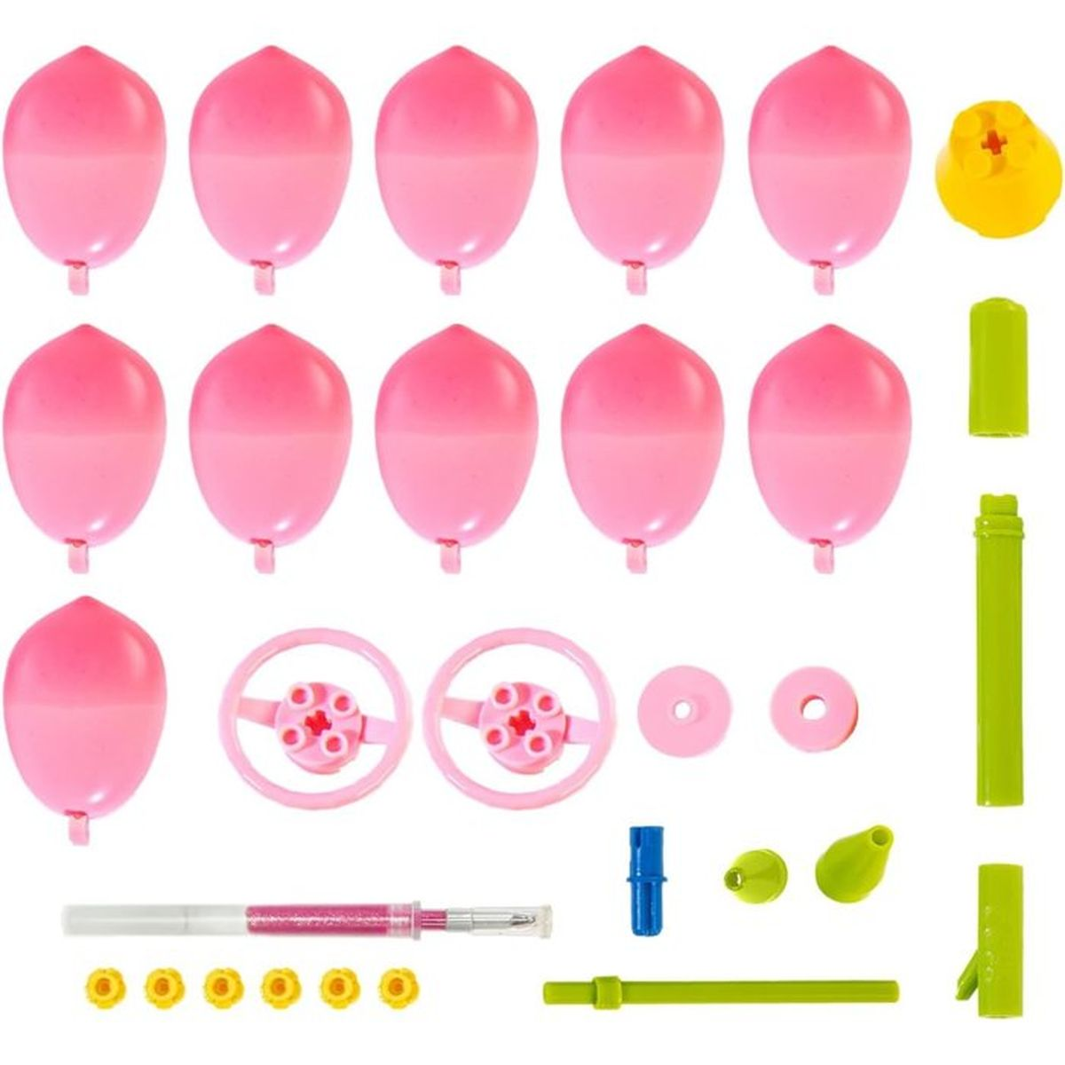 Eine Sammlung von Bastelmaterialien in Rosa und Grün, darunter Eier, Räder und Werkzeuge.