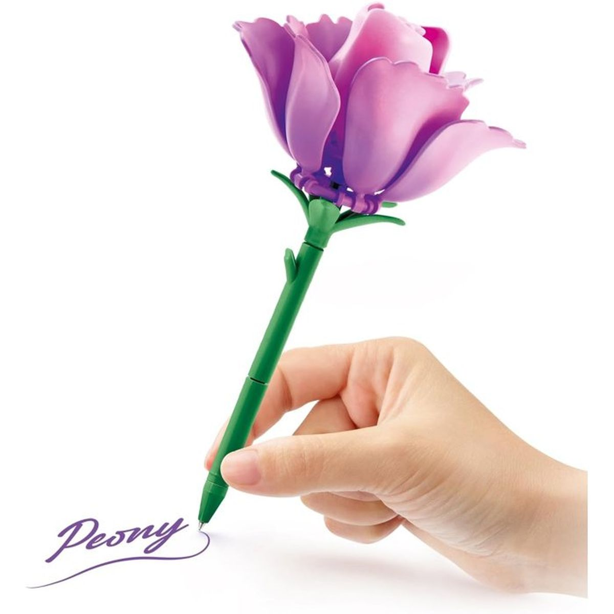 Eine Hand hält einen Stift in Form einer lila Blüte, der das Wort "Peony" schreibt.