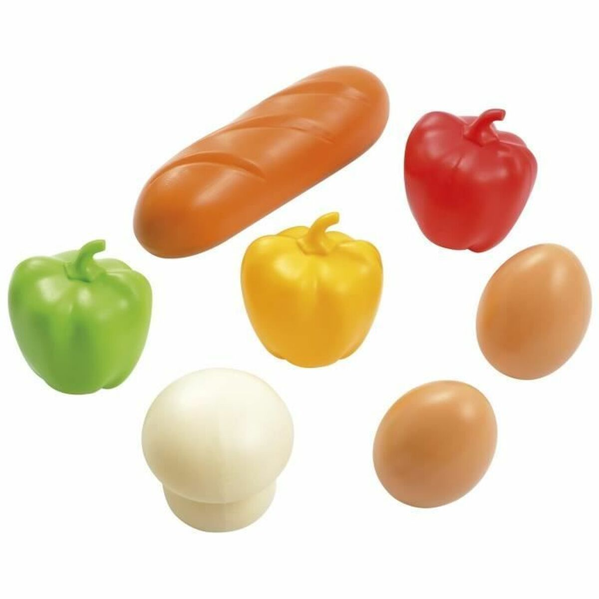 Spielzeugbrot, Paprika in Grün, Gelb, Rot, Pilz und zwei Eier.