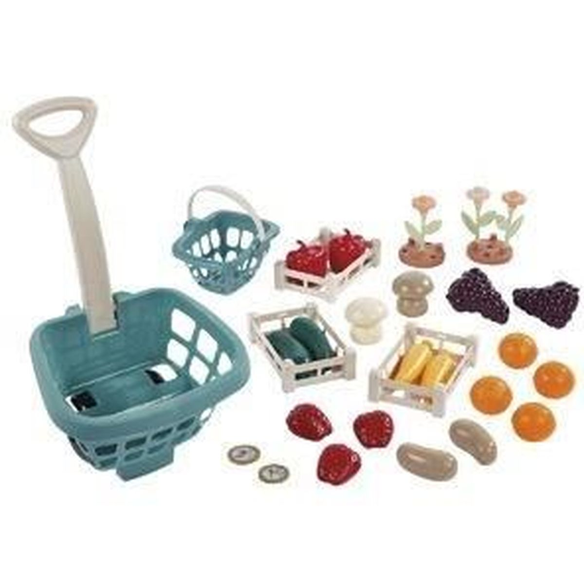 Spielzeug-Einkaufswagen mit Obst, Gemüse und Blumen.
