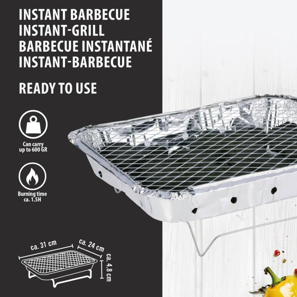 Wegwerp aluminiumfolie grill met rooster. Afmetingen en info.