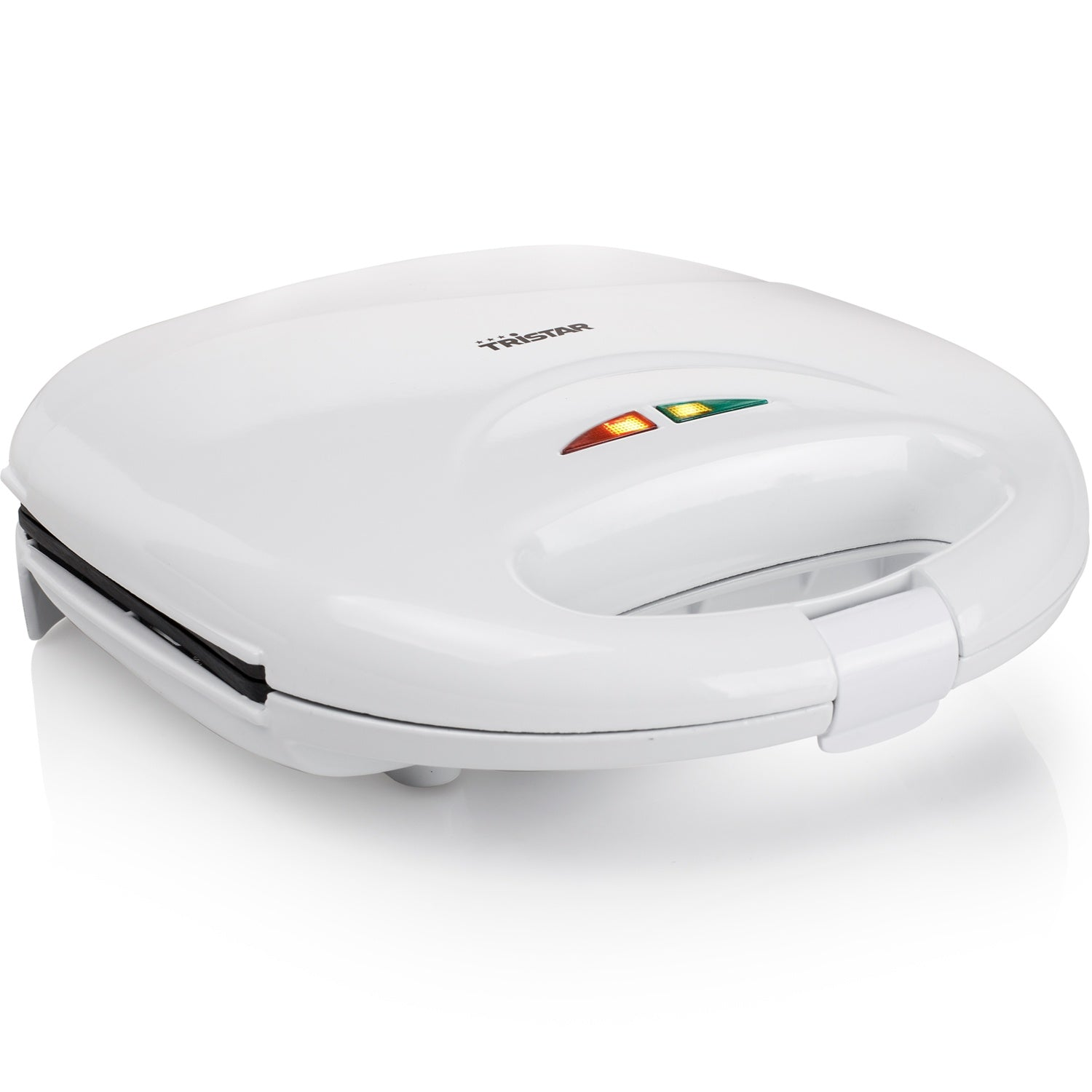 A white sandwich maker with red and green indicator lights.