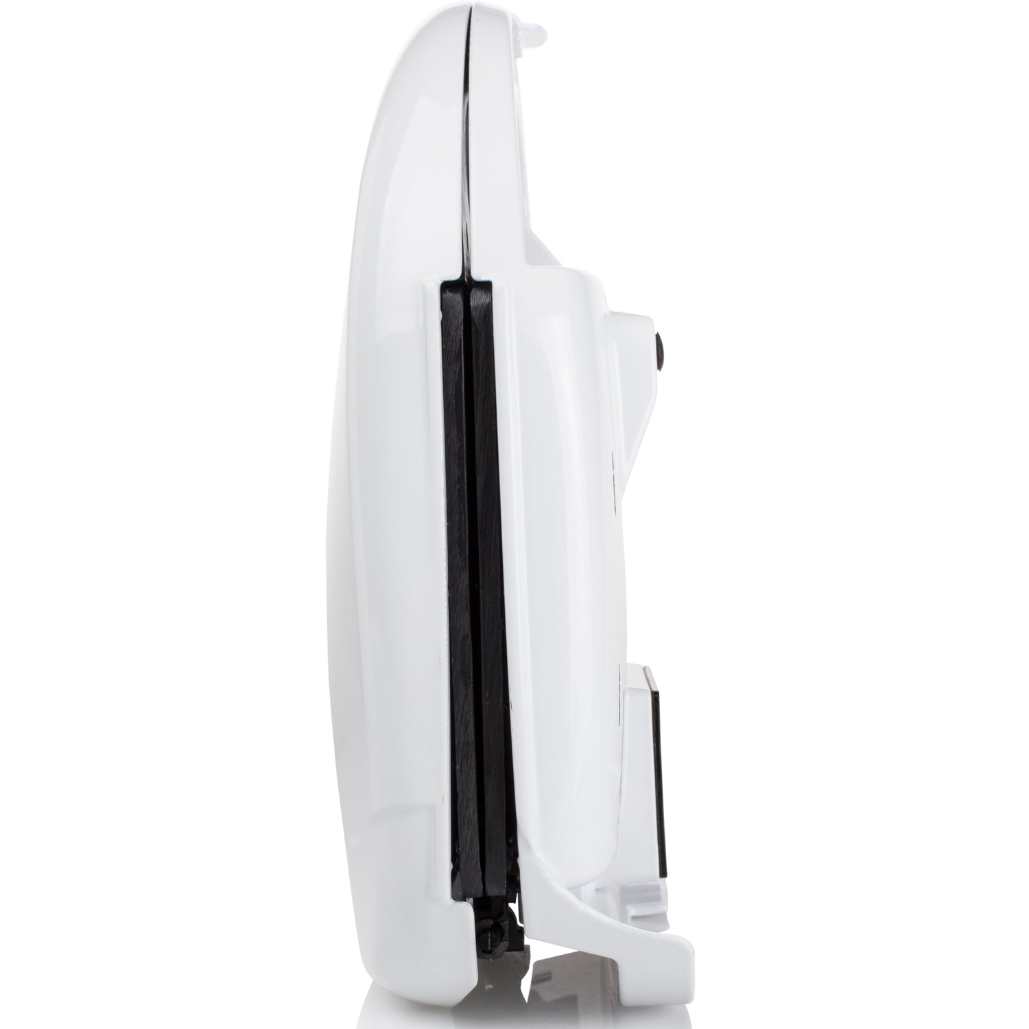 Closed white contact grill with black insert, side view.