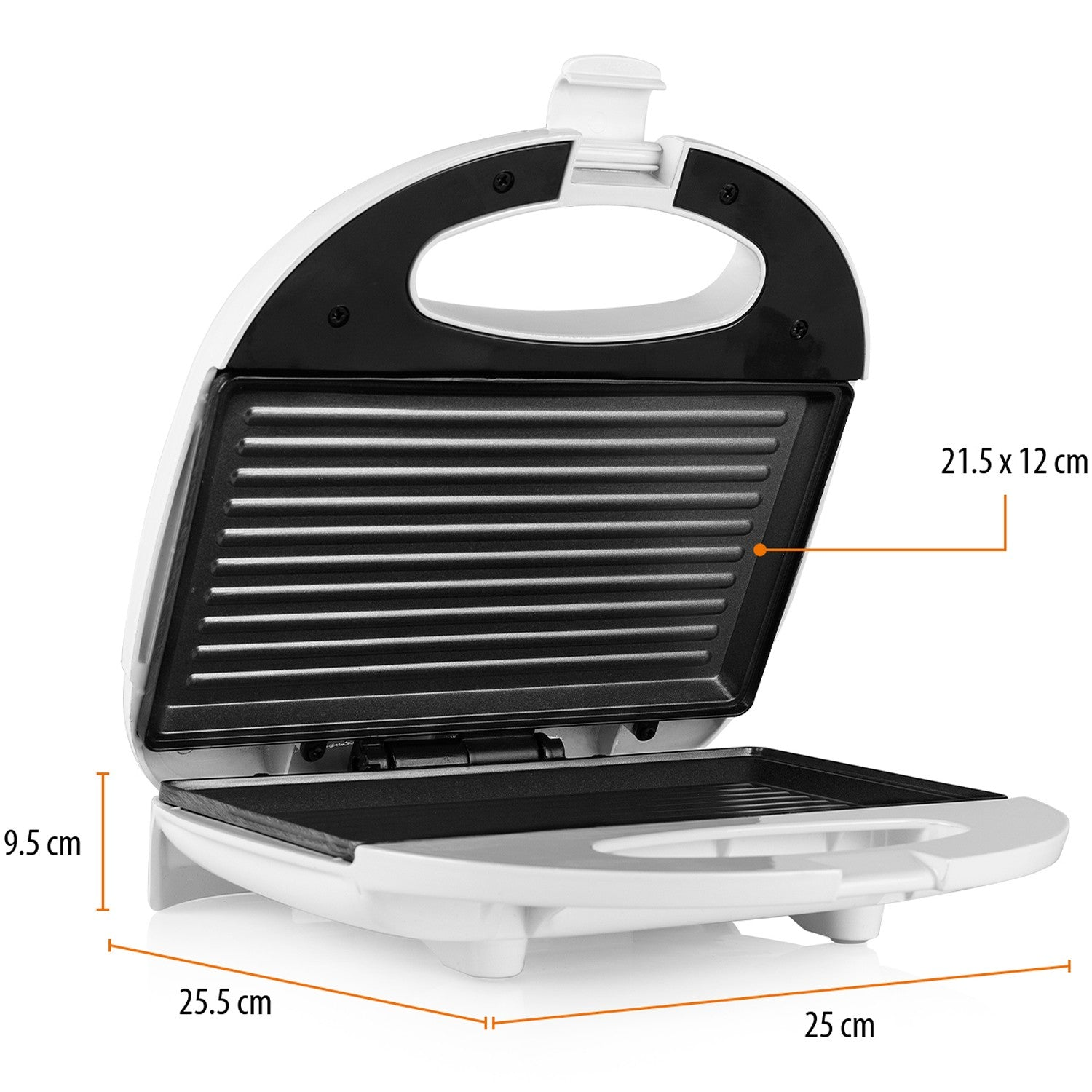 An open white sandwich maker with grill plates and dimensions shown.