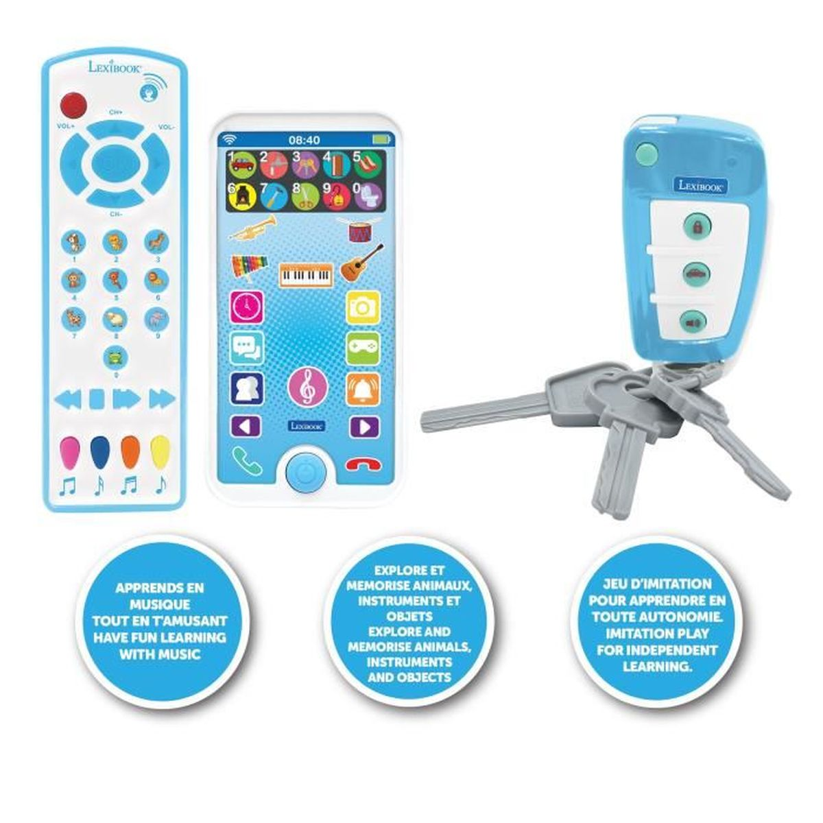 Spielzeugfernbedienung, Handy und Autoschlüsselset in Blau und Weiß.