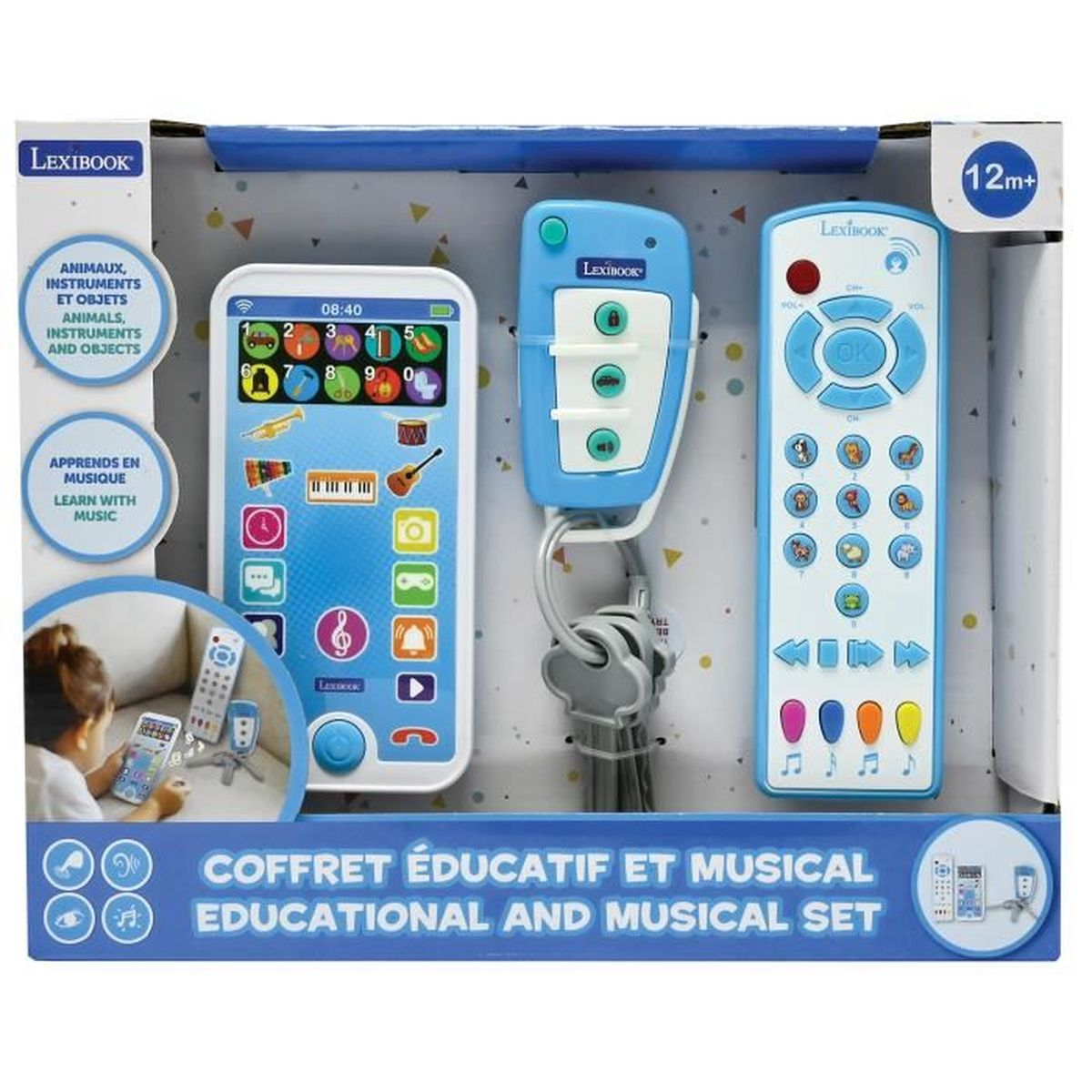 Ein Lernspielzeug-Set mit Telefon, Autoschlüssel und Fernbedienung in Blau.