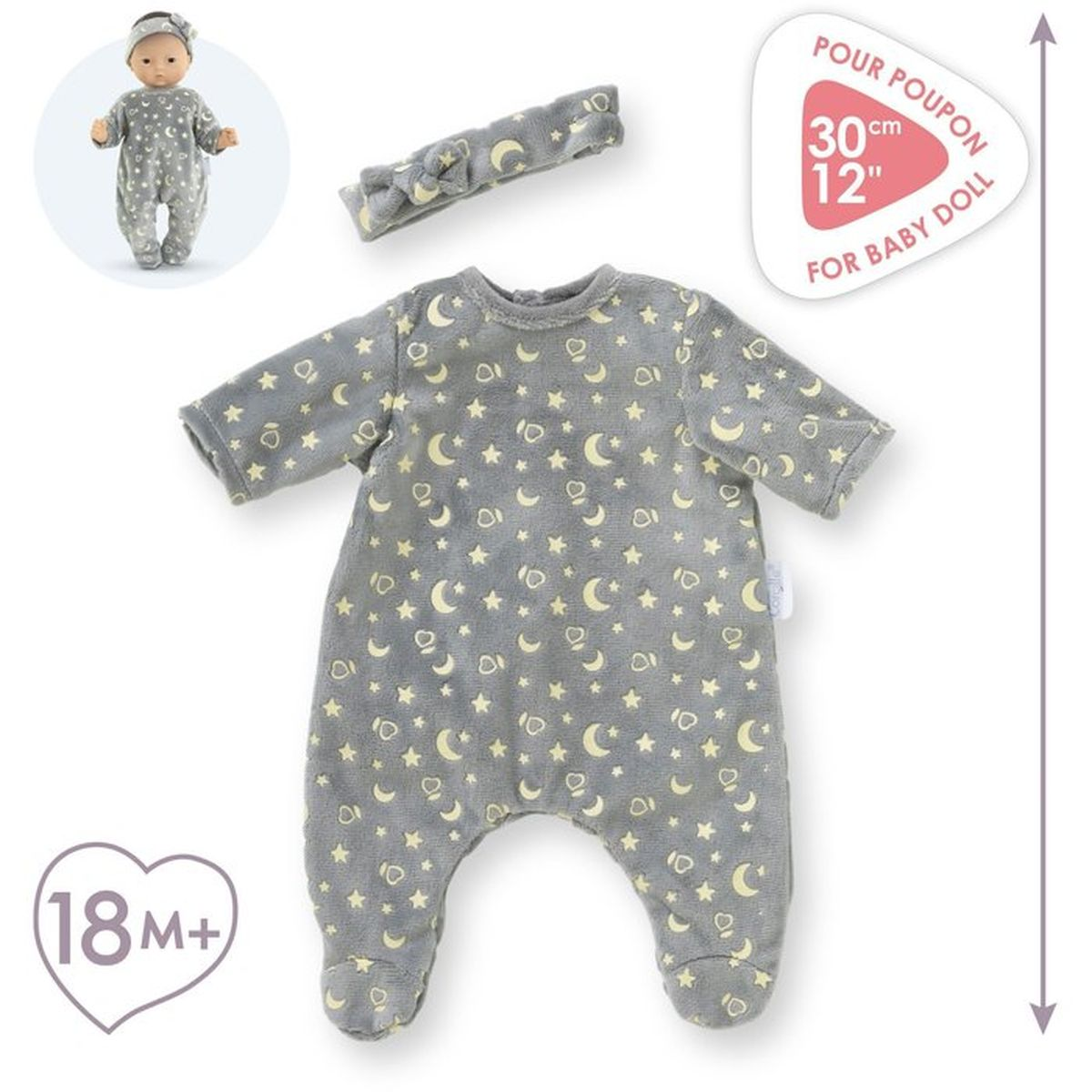 Grauer Strampler mit Mond- und Sternenmuster, passend für 30cm Puppen.