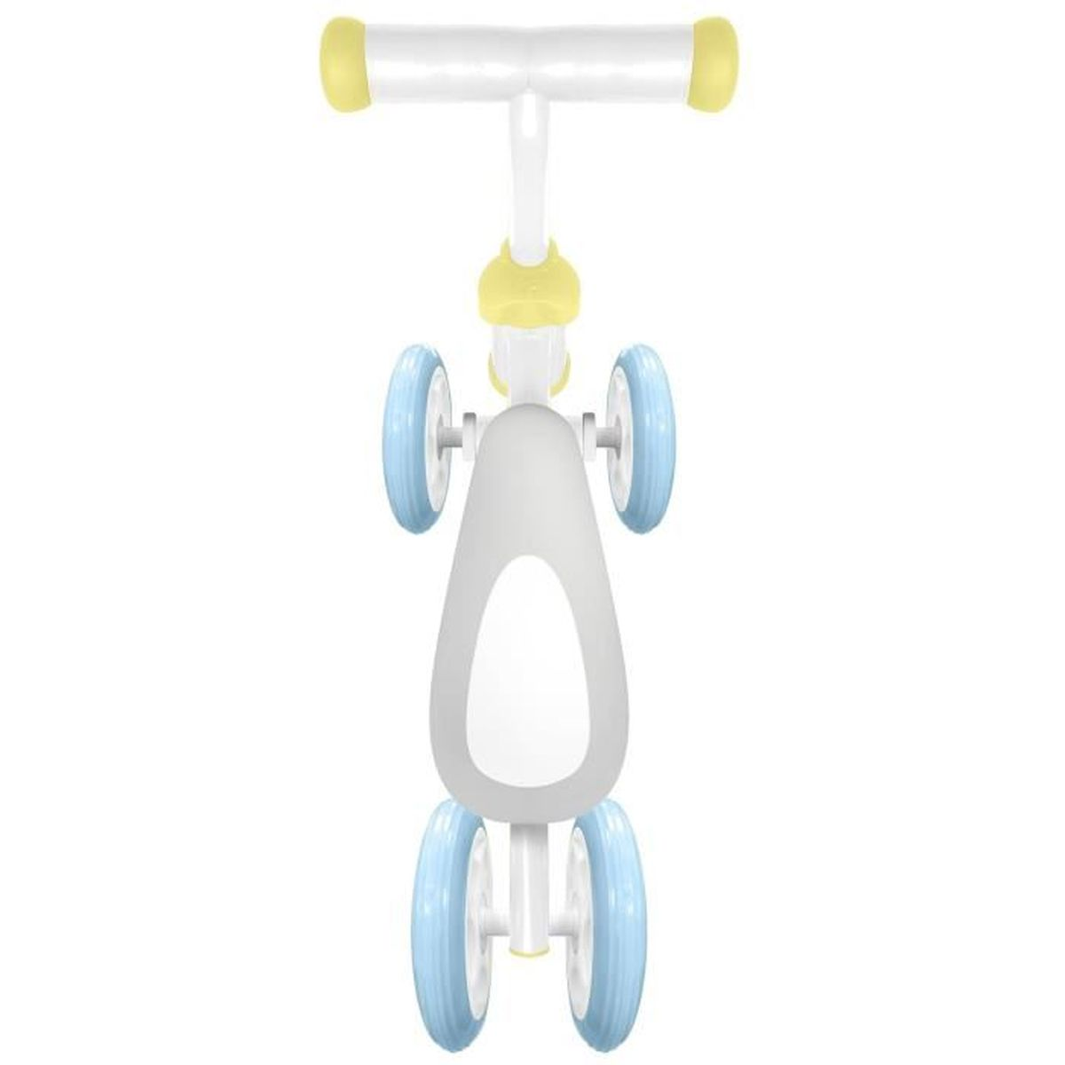 Ein grauer Kinderroller mit vier hellblauen Rädern und gelben Griffen.