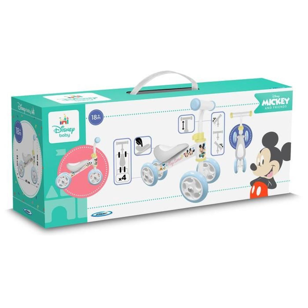 Verpackung für ein Disney Baby Laufrad mit Mickey Maus Motiv. Weiß, blau, türkis.