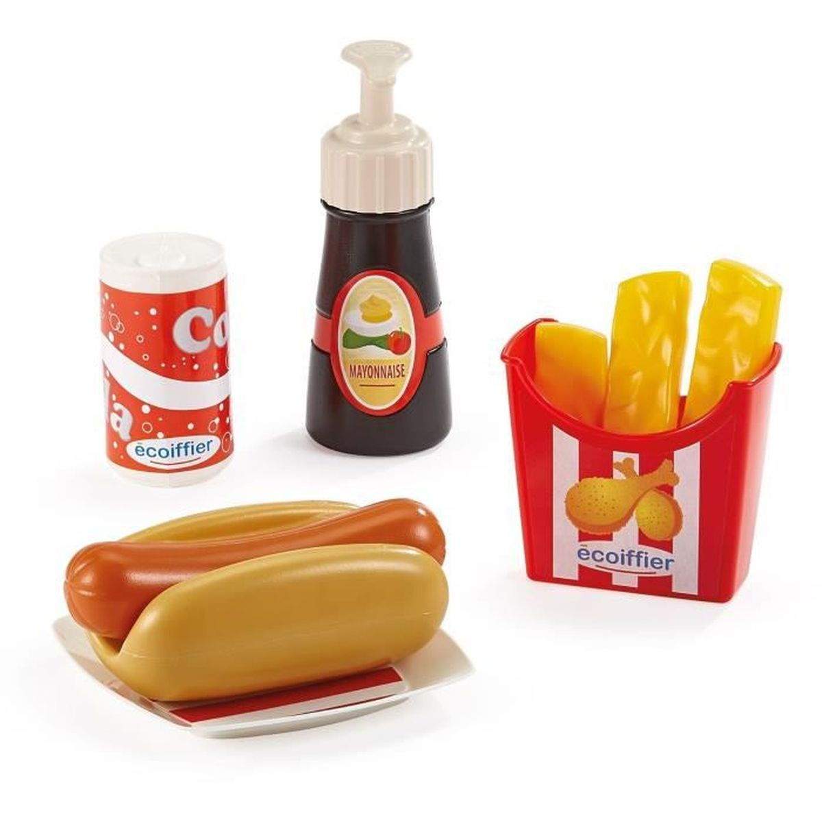 Spielzeug-Fast-Food-Set mit Hotdogs, Pommes, Mayonnaise und Getränkedose.