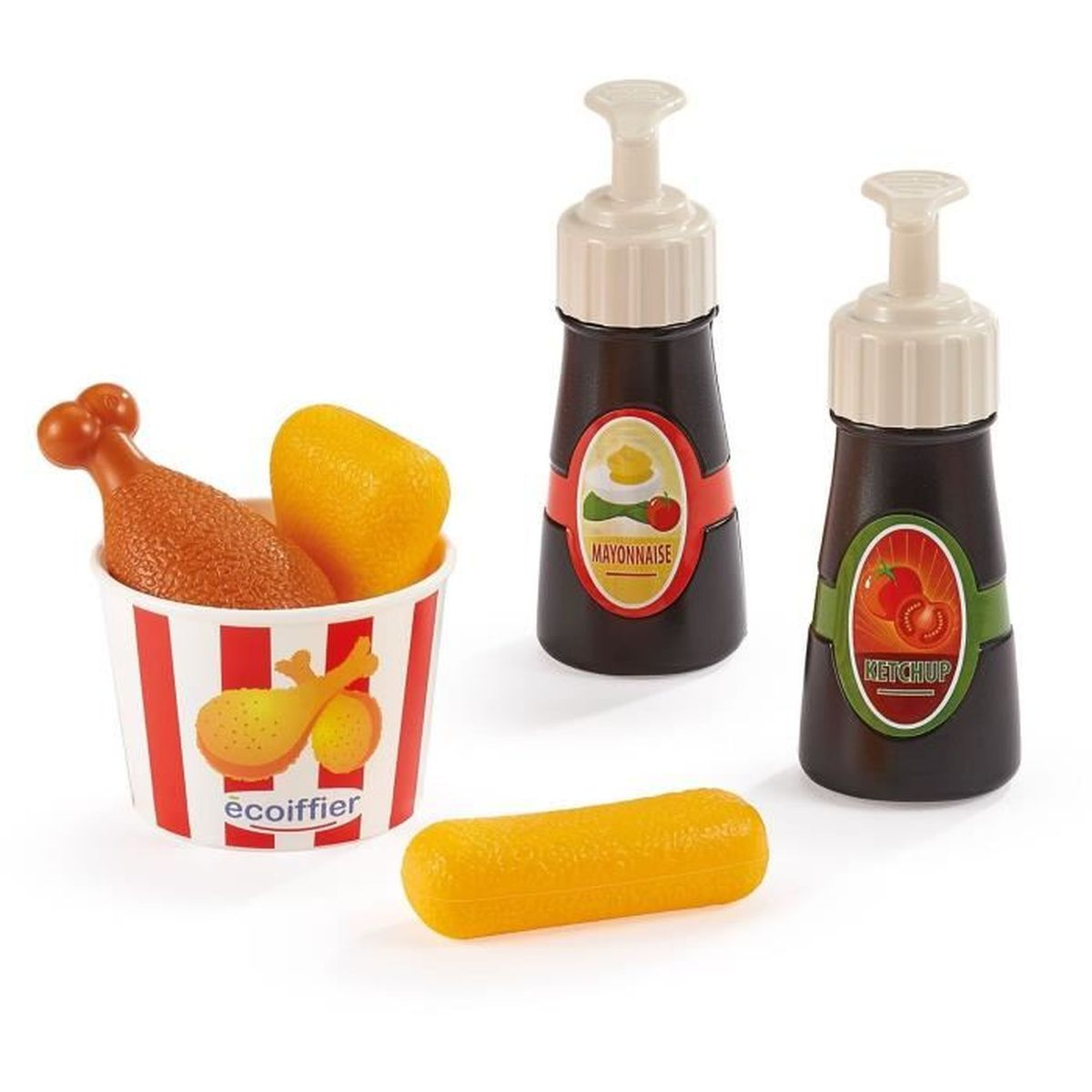 Spielzeug-Fast-Food: Hähnchenschenkel, Pommes, Ketchup & Mayo.