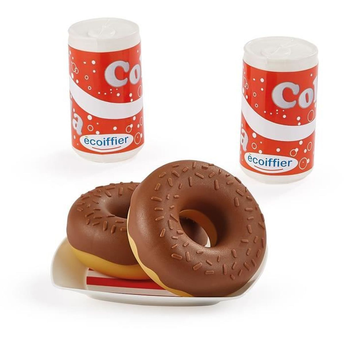 Zwei Schokoladendoughnuts auf einem Teller, daneben zwei rote Getränkedosen.