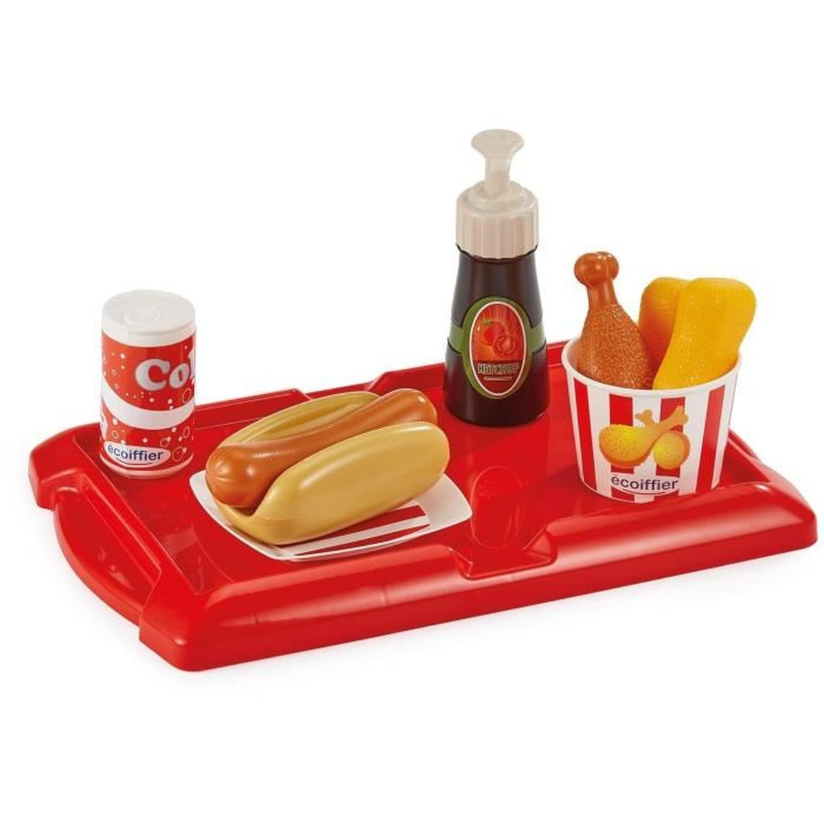 Spielzeug-Tablett mit Hotdog, Pommes, Brathähnchen, Ketchup und Getränk.