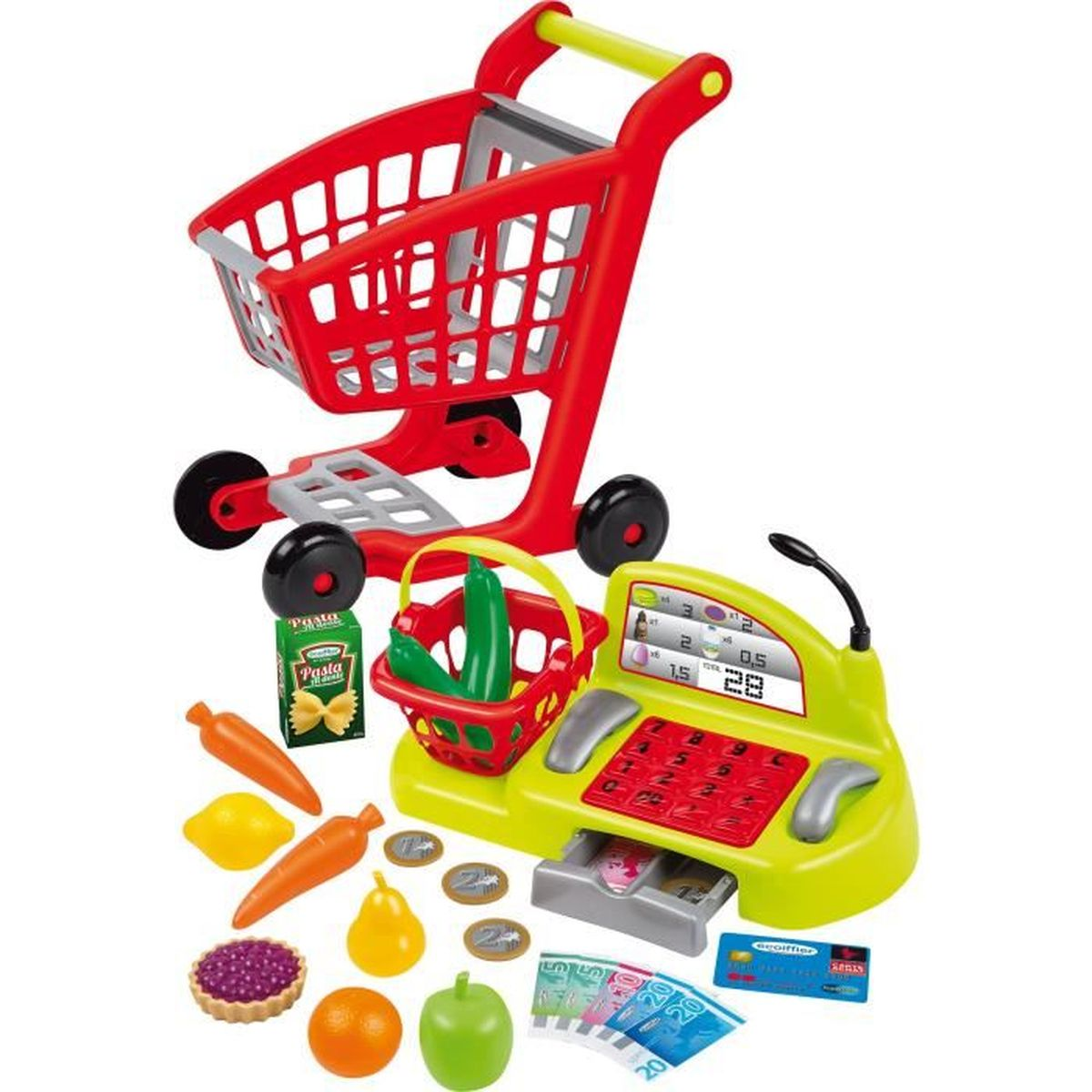 Spielzeug-Einkaufswagen mit Kasse, Früchten, Gemüse und Geld.