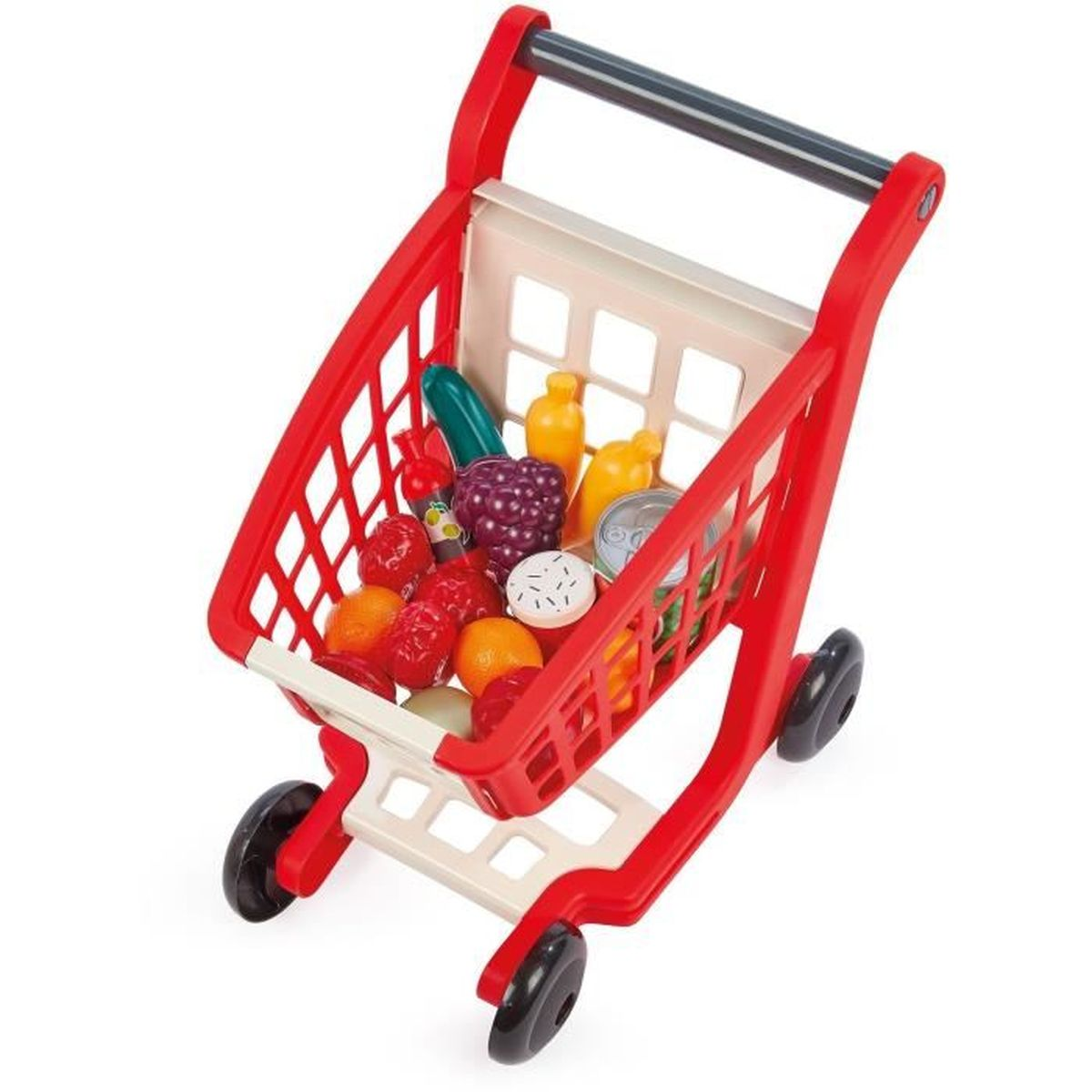 Un carrito de compras de juguete rojo lleno de comestibles coloridos como frutas, verduras y latas.