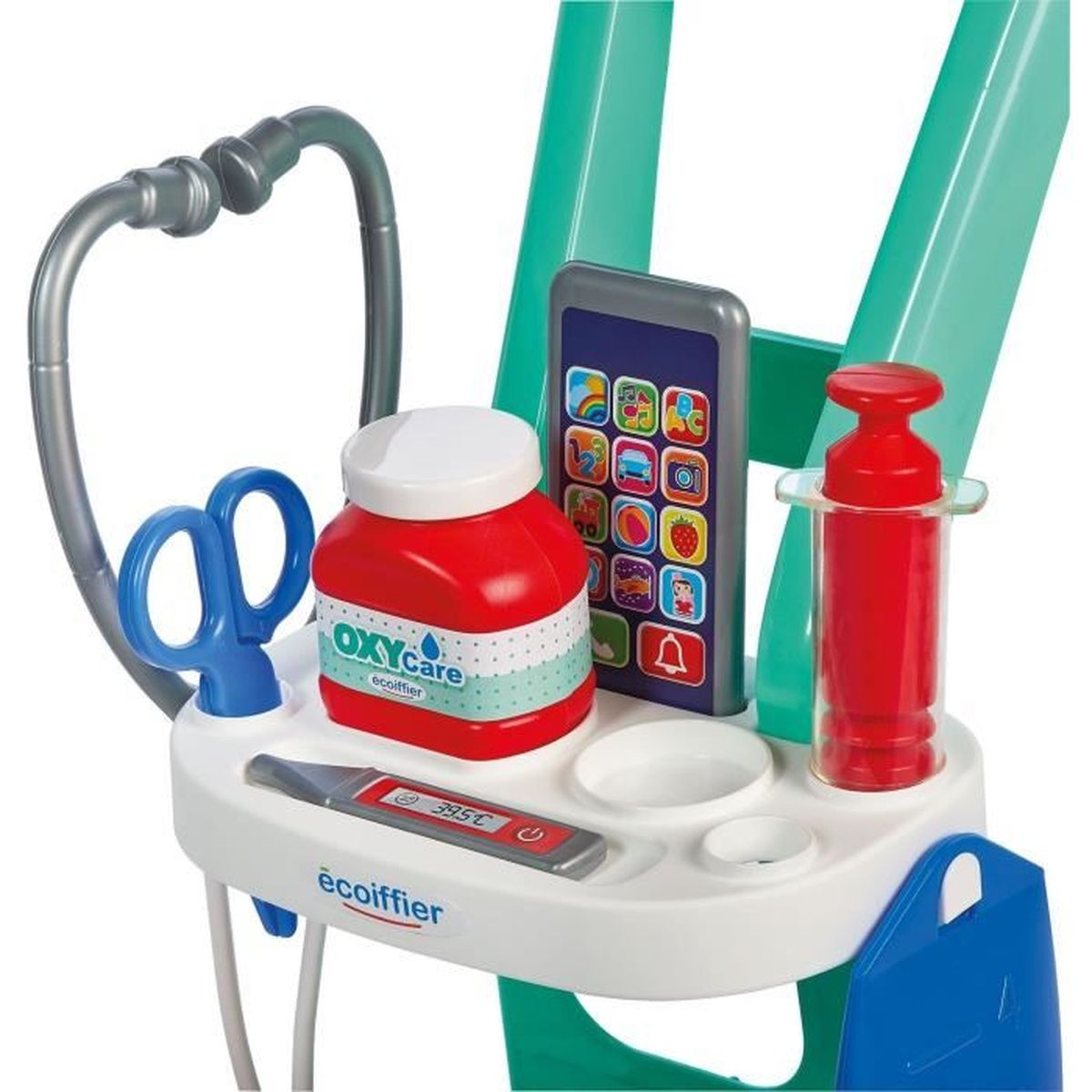 Ein Spielzeug-Arztkoffer mit Stethoskop, Schere, Thermometer, Spritze und Medikamentenflasche.
