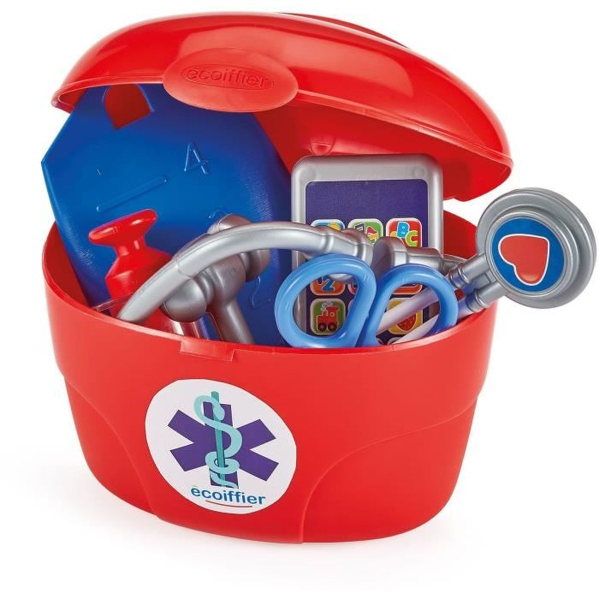 Ein roter Arztkoffer mit Spielzeug-medizinischem Zubehör wie Stethoskop, Schere und Spritze.