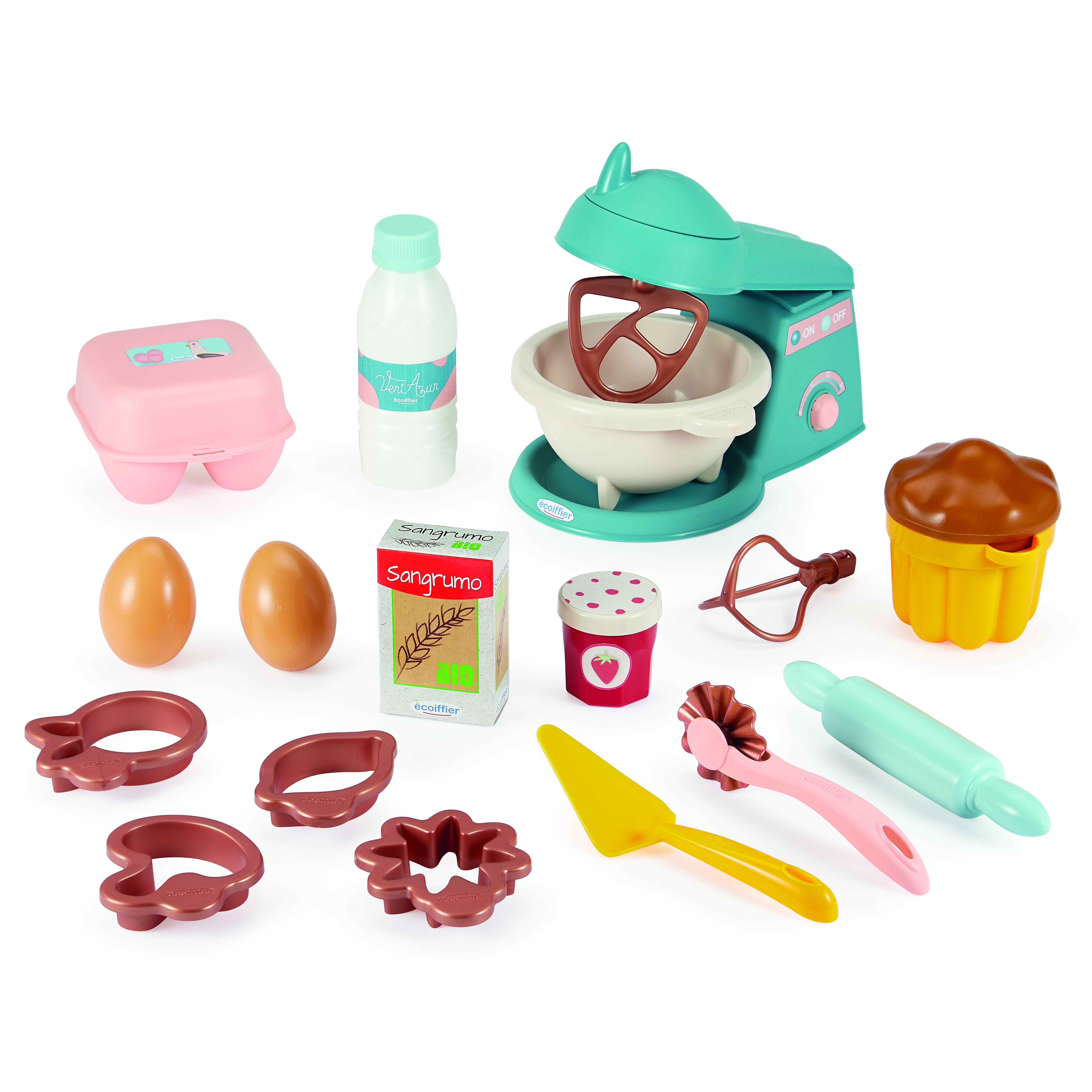 Spielzeugküchenzubehör: Mixer, Eier, Ausstecher, Flasche, Becher und mehr.