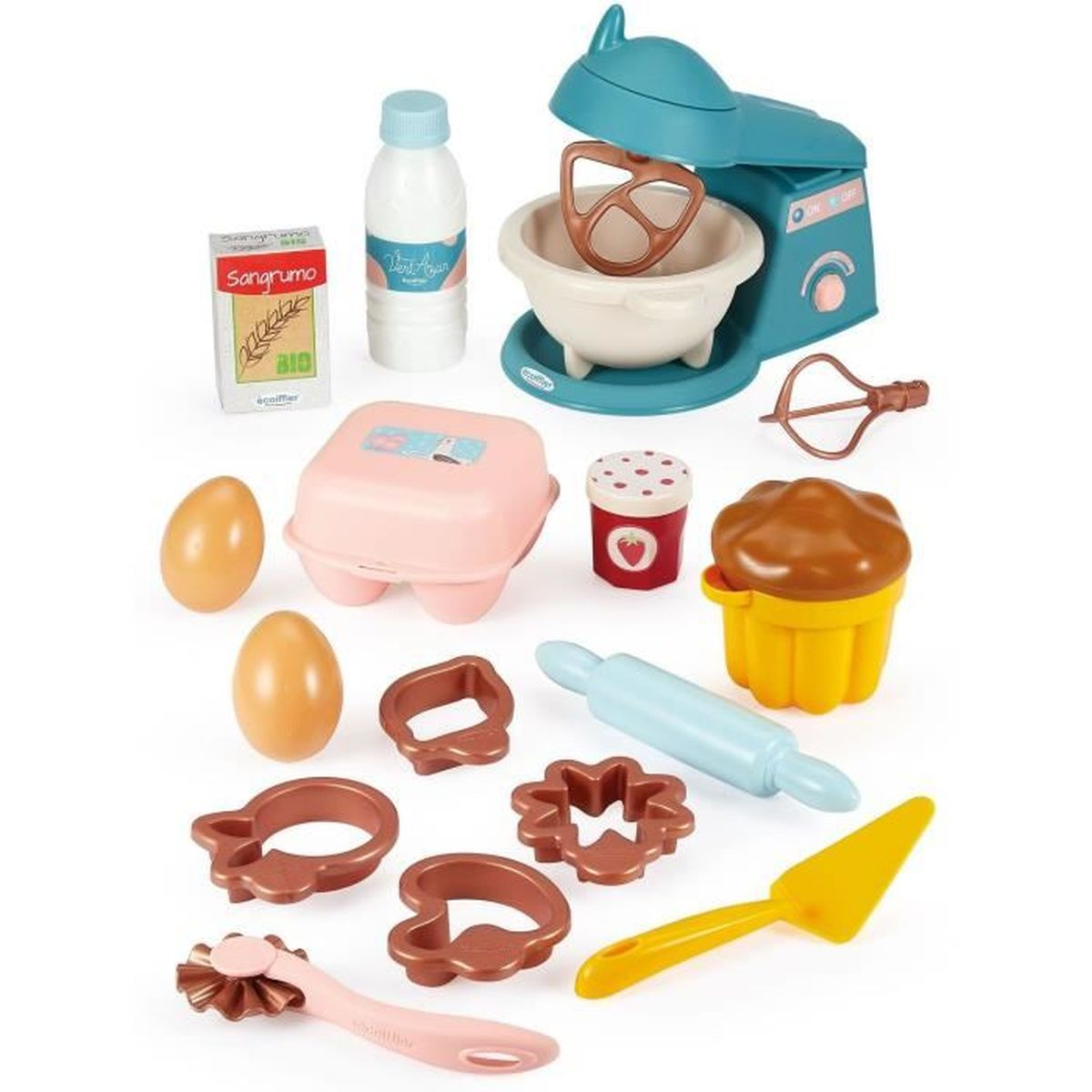 Spielzeug-Küchenutensilien: Mixer, Eier, Ausstecher, Nudelholz, Kuchen.