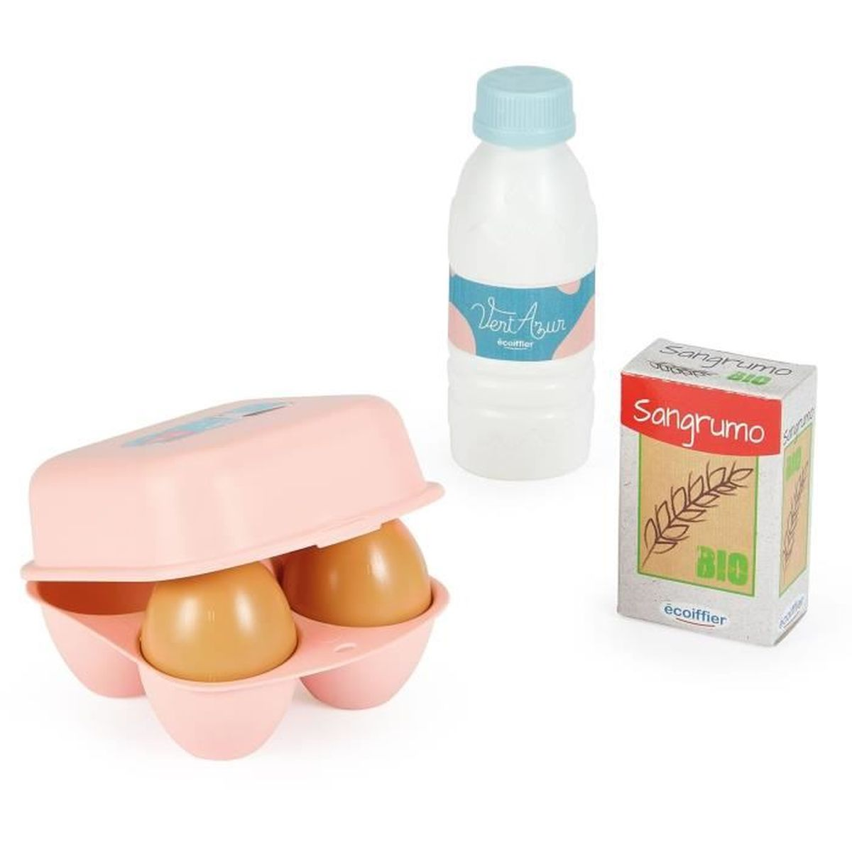 Ein rosa Eierkarton mit zwei Eiern, daneben eine weiße Flasche und eine Packung Saft.
