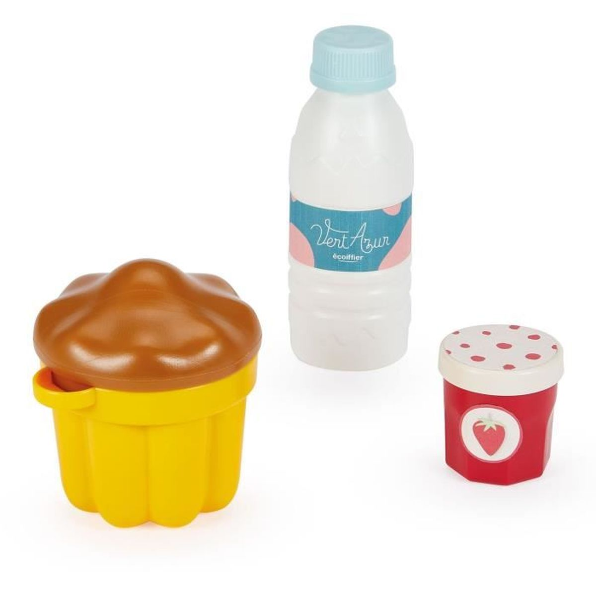 Ein gelber Kuchenform, eine weiße Wasserflasche und ein roter Marmeladentopf.