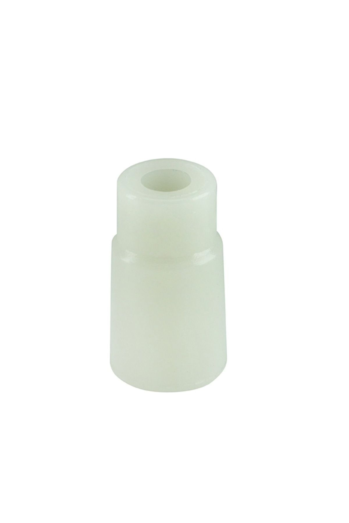 Ortasında delik olan beyaz, silindirik plastik ara parça.