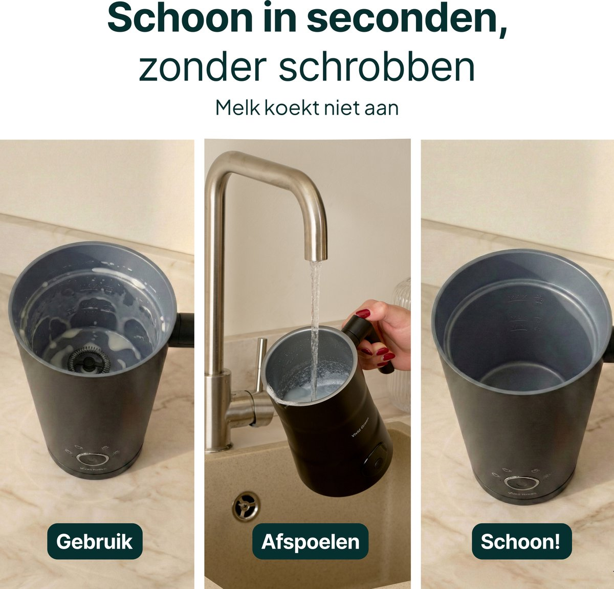 Three images show a milk frother: in use, rinsing, clean.