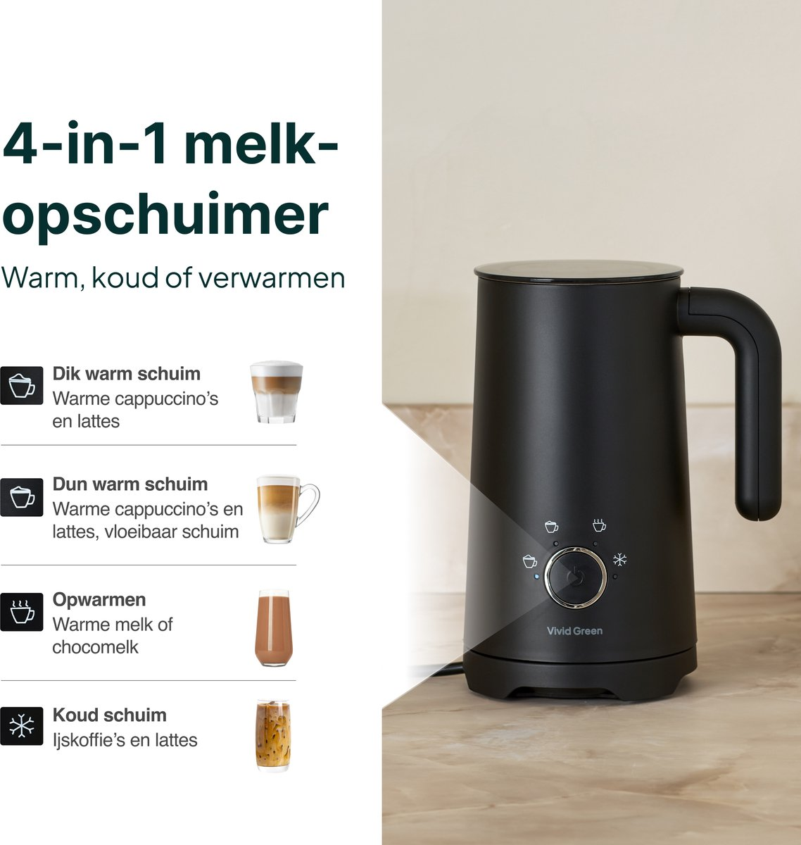 Black milk frother with icons and cups: thick/thin, hot/cold.