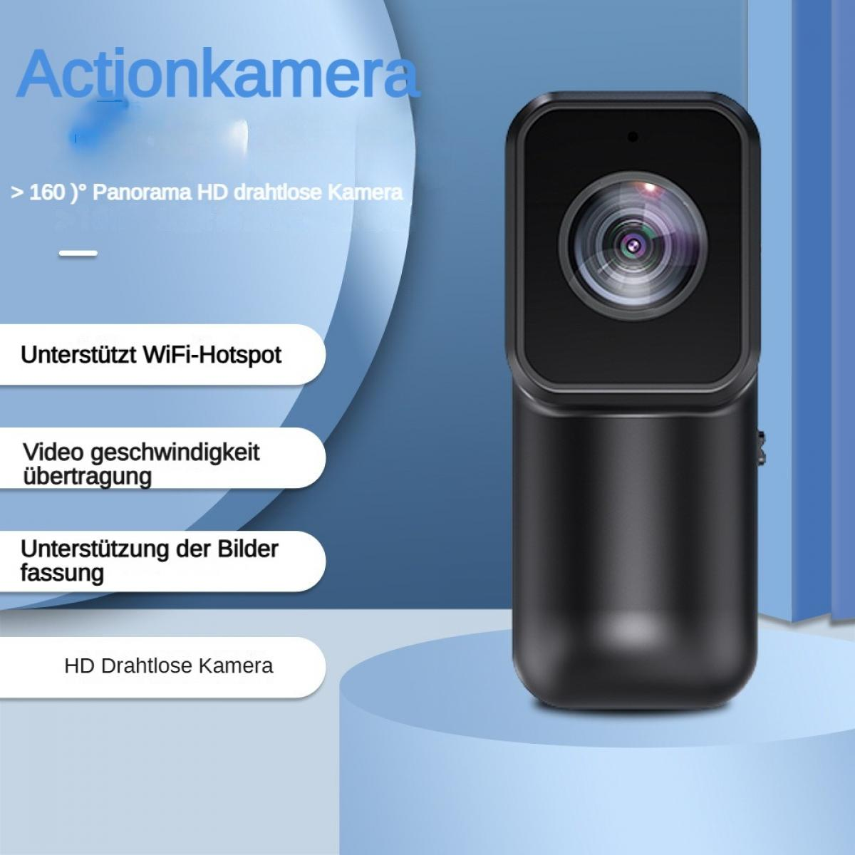 Kleine schwarze Actionkamera mit Linse und Text zu Funktionen.