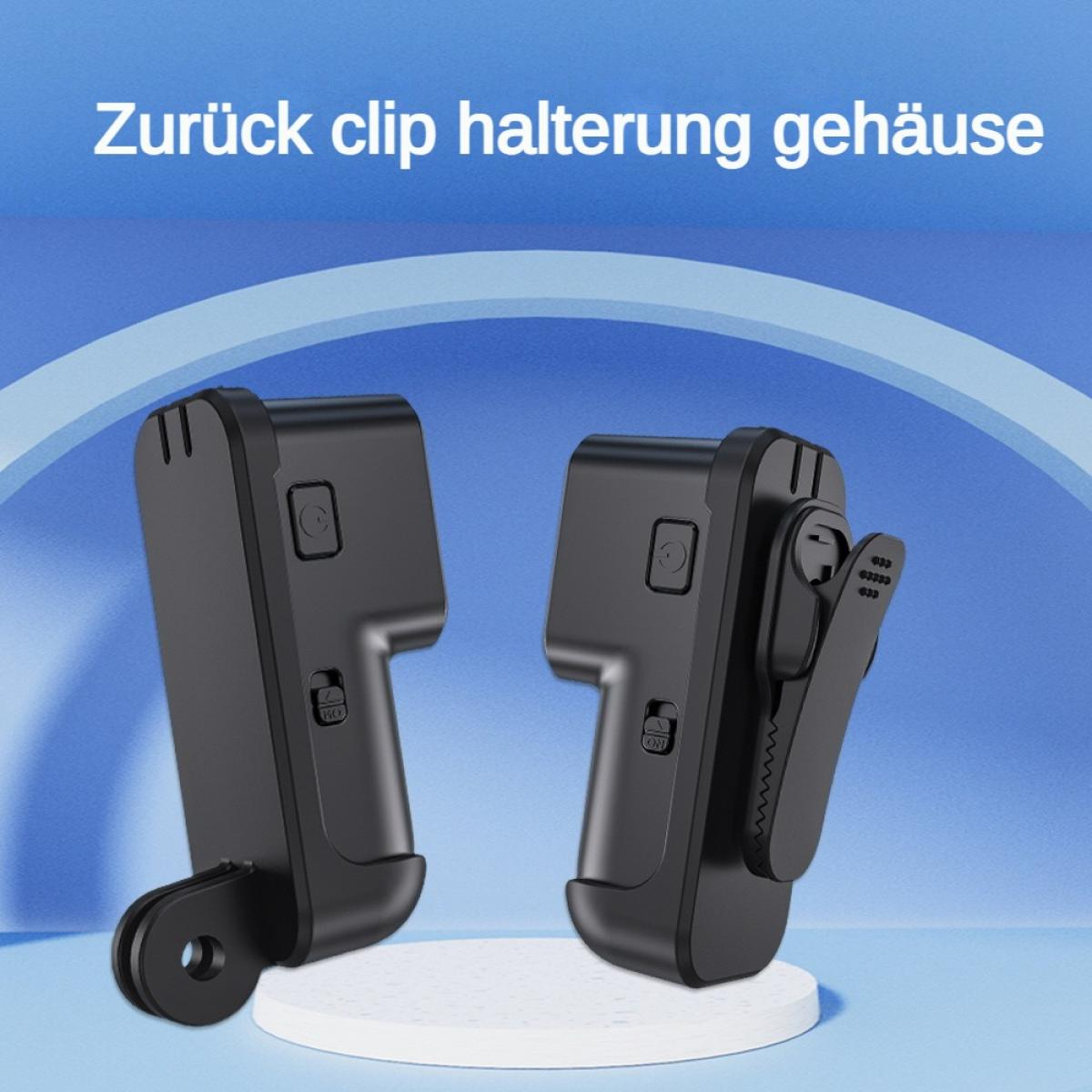 Zwei schwarze Halterungsgehäuse mit Clips, auf weißen Podesten.