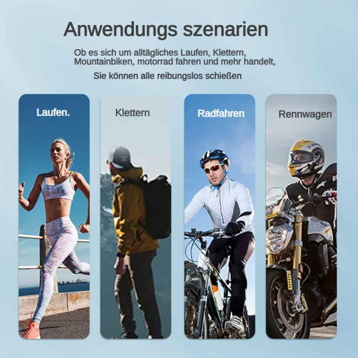 Vier Szenarien: Laufen, Klettern, Radfahren, Motorradfahren.